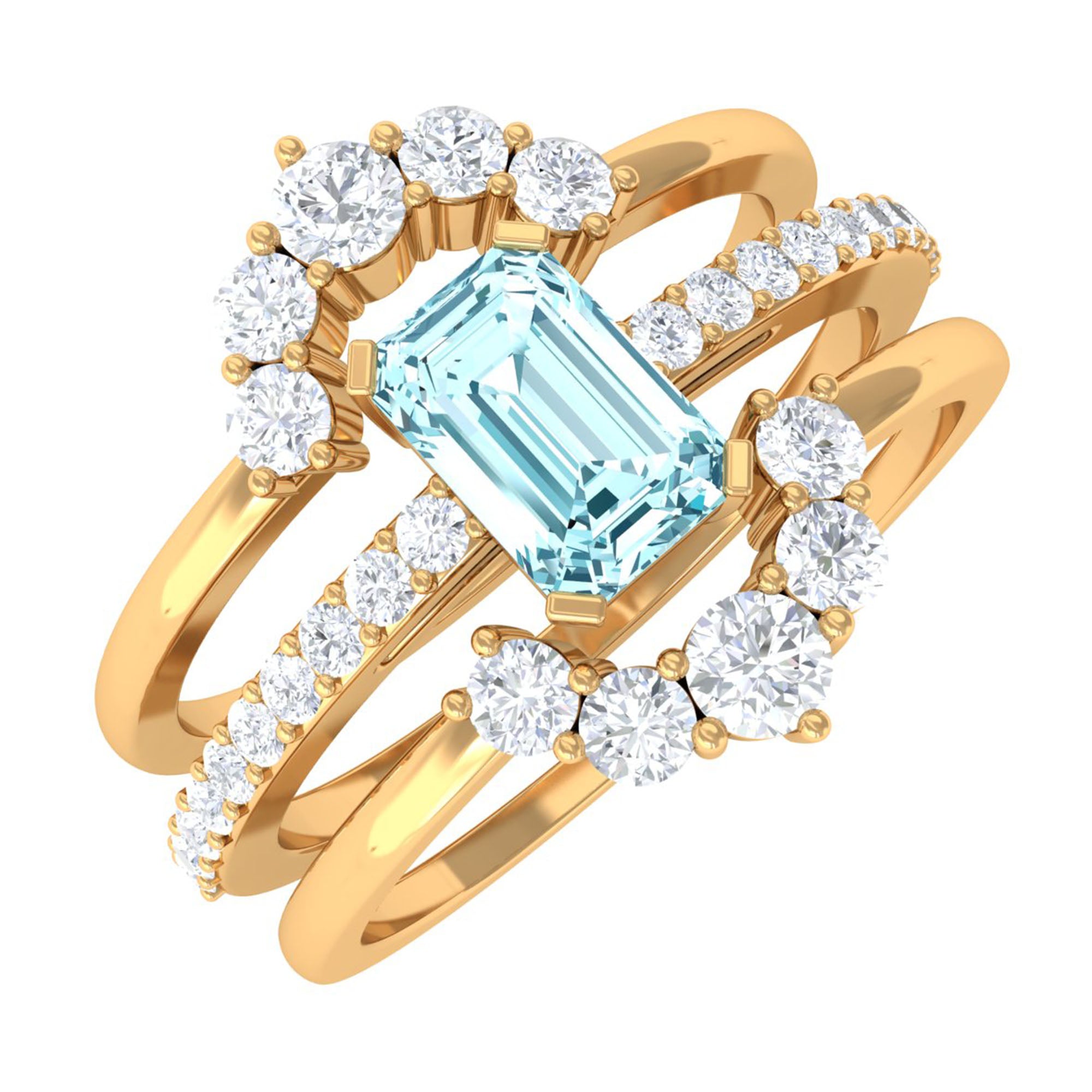 Aquamarine Solitaire Trio Ring Set with Diamond Aquamarine - ( AAA ) - Quality - Rosec Jewels