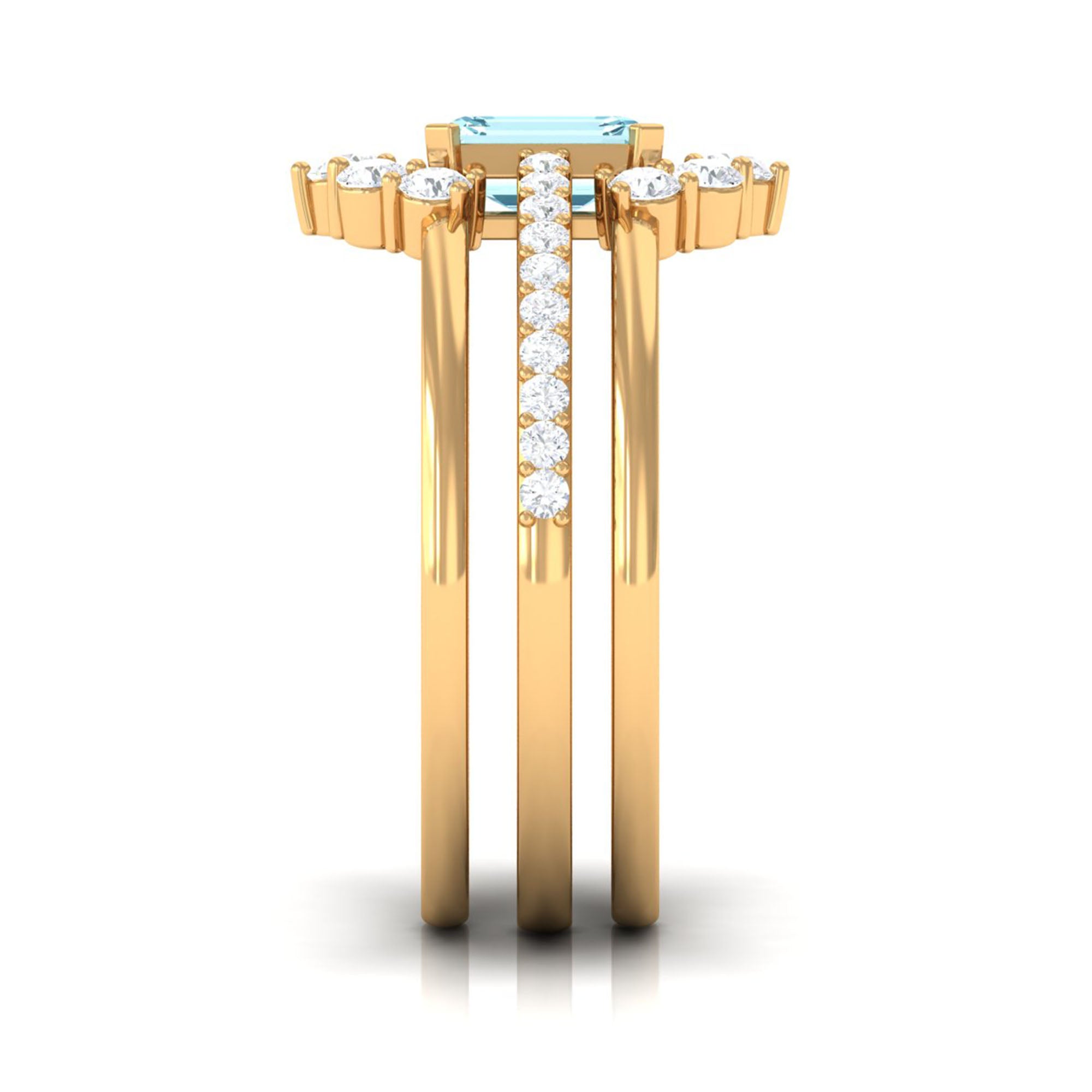Aquamarine Solitaire Trio Ring Set with Diamond Aquamarine - ( AAA ) - Quality - Rosec Jewels