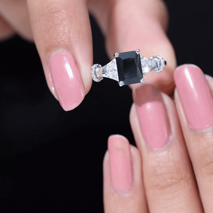 Emerald Cut Black Onyx Engagement Ring with Diamond AAA - Rosec Jewels