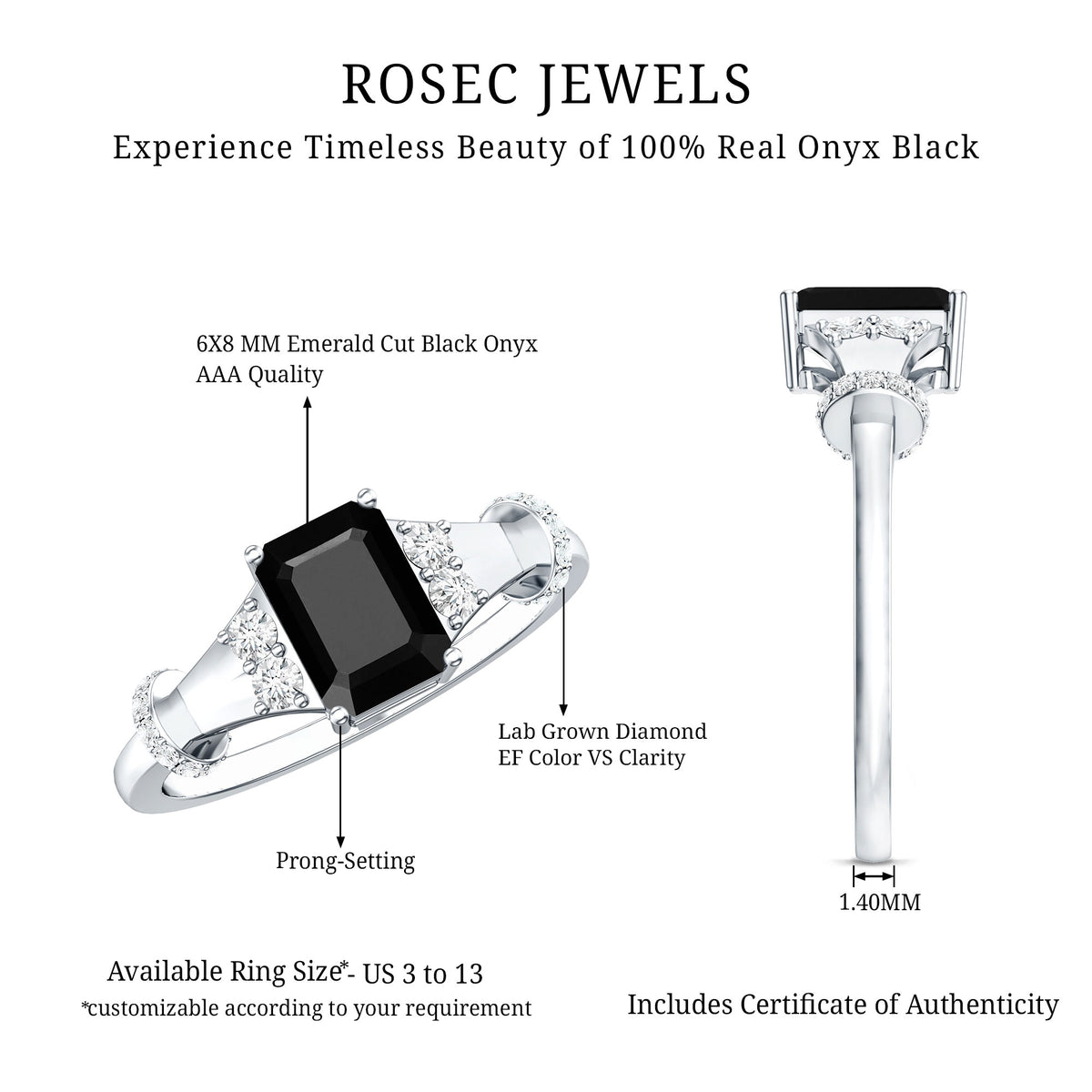 Emerald Cut Black Onyx Engagement Ring with Diamond AAA - Rosec Jewels