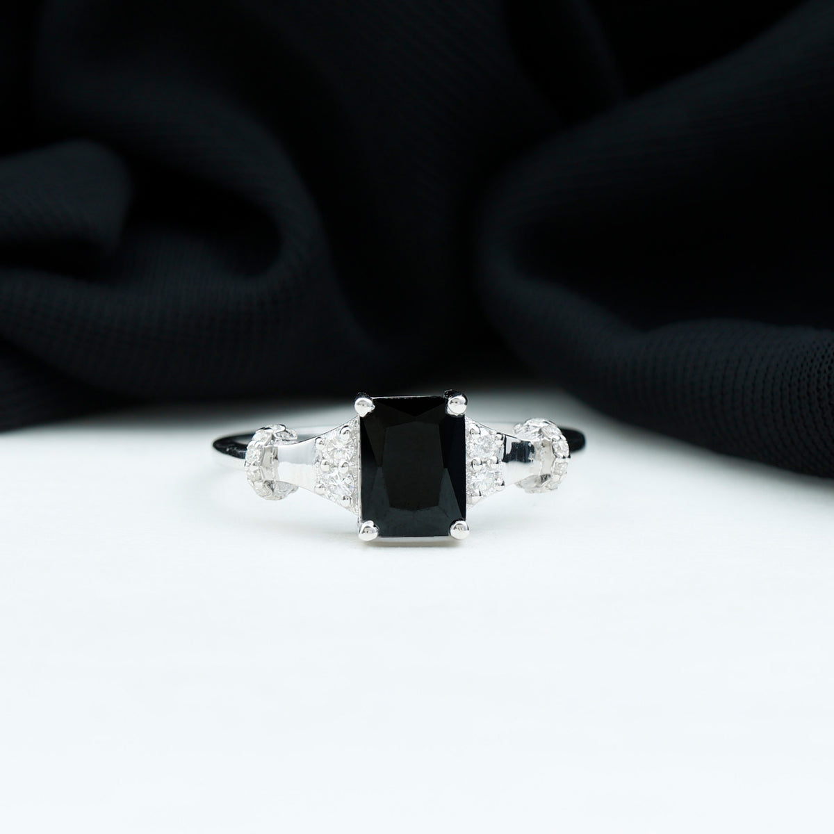 Emerald Cut Black Onyx Engagement Ring with Diamond AAA - Rosec Jewels