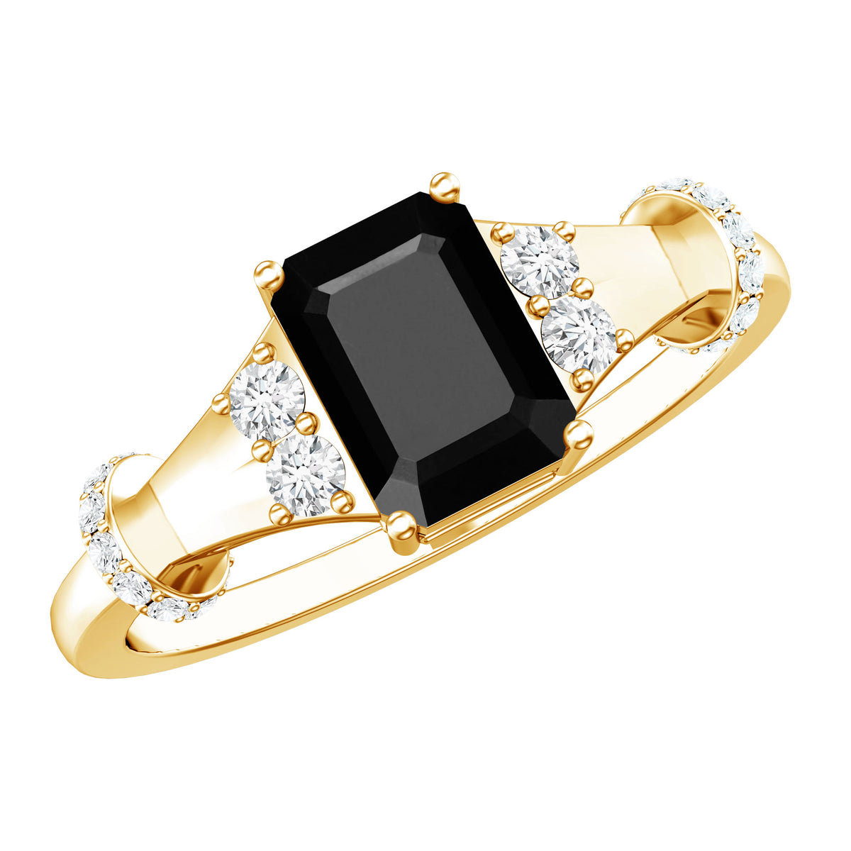 Emerald Cut Black Onyx Engagement Ring with Diamond AAA - Rosec Jewels