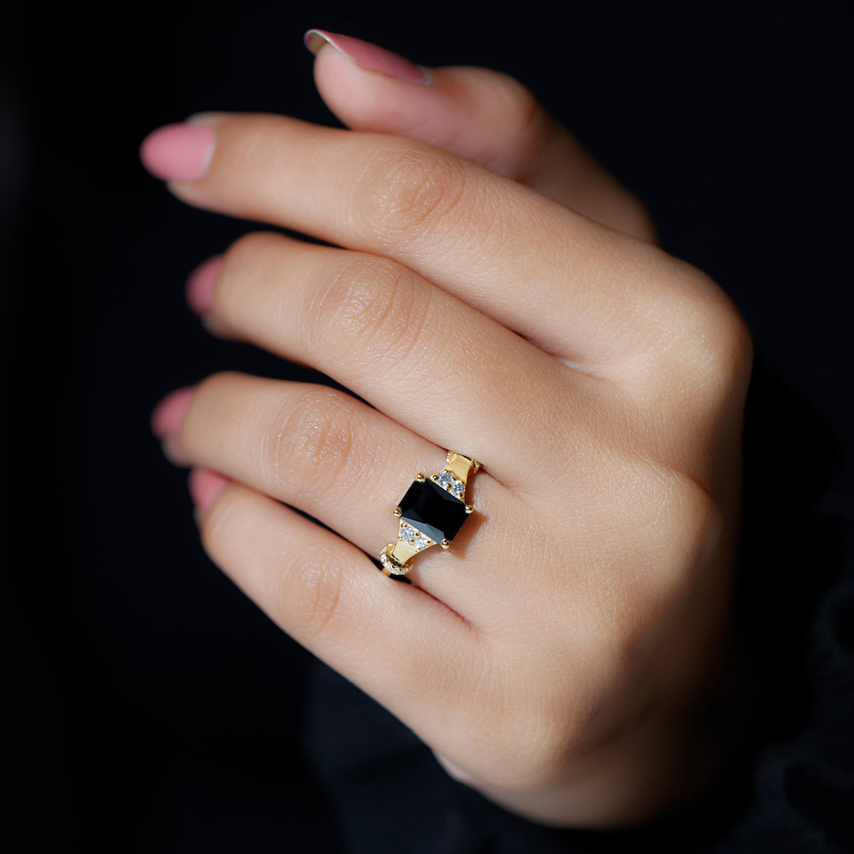 Emerald Cut Black Onyx Engagement Ring with Diamond AAA - Rosec Jewels