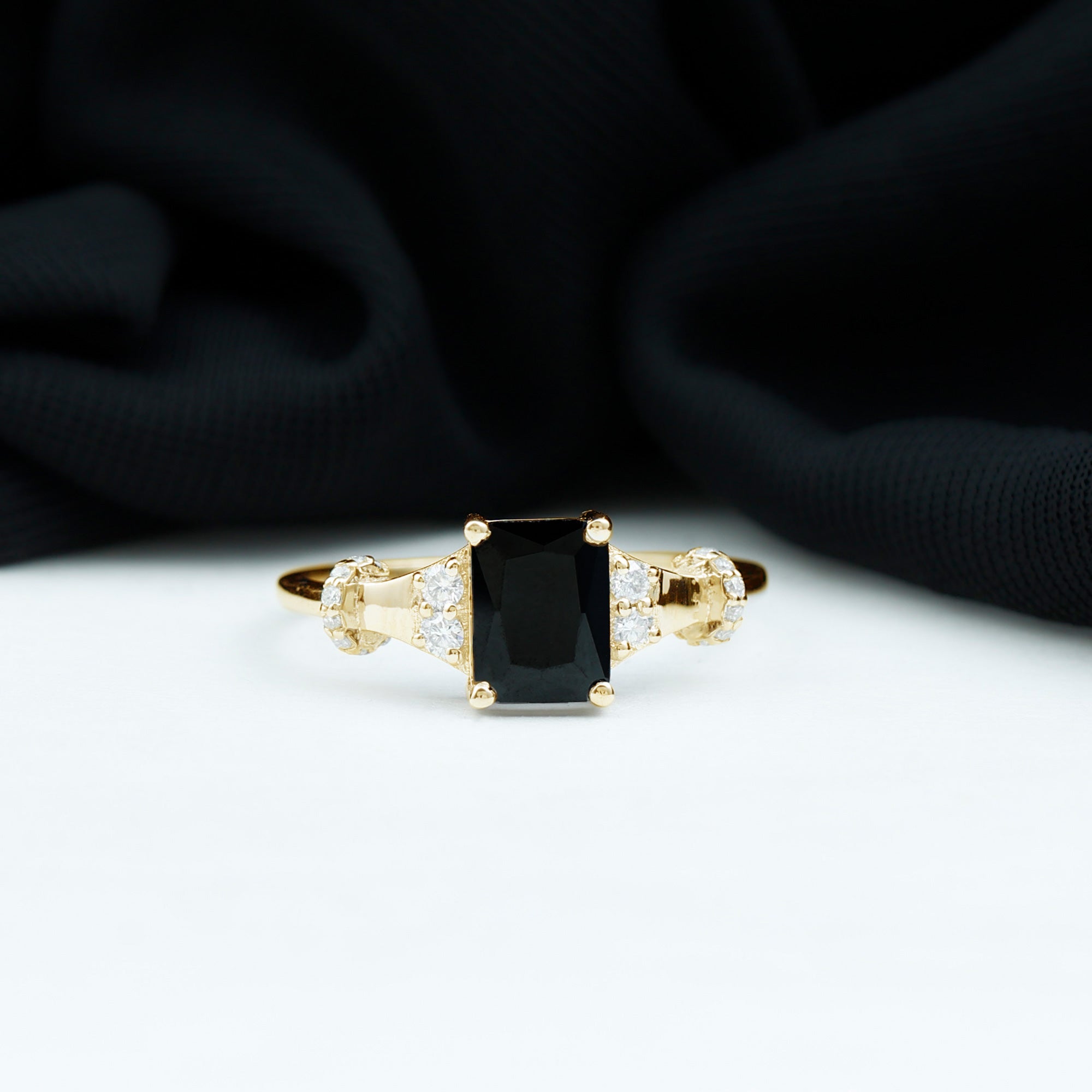 Emerald Cut Black Onyx Solitaire Ring with Moissanite Black Onyx - ( AAA ) - Quality - Rosec Jewels
