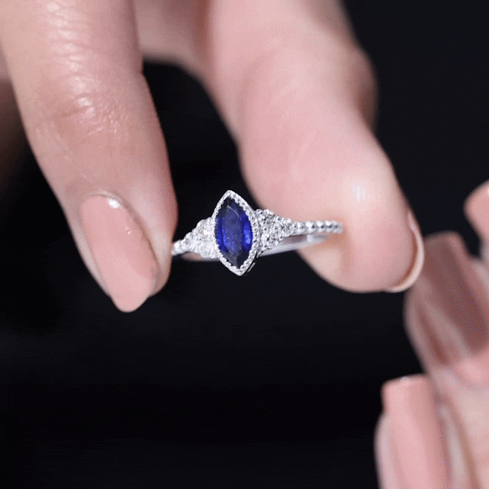Marquise Shape Lab Grown Blue Sapphire Solitaire Promise Ring with Diamond Trio Lab Created Blue Sapphire - ( AAAA ) - Quality - Rosec Jewels
