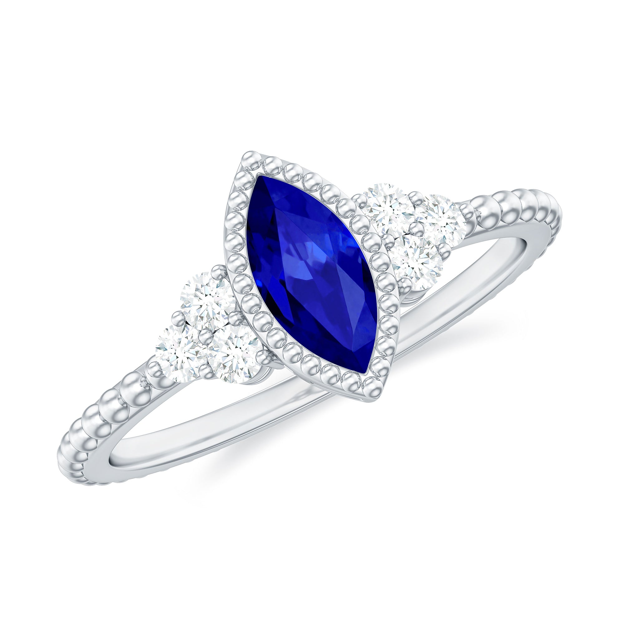 Marquise Shape Lab Grown Blue Sapphire Solitaire Promise Ring with Diamond Trio Lab Created Blue Sapphire - ( AAAA ) - Quality - Rosec Jewels
