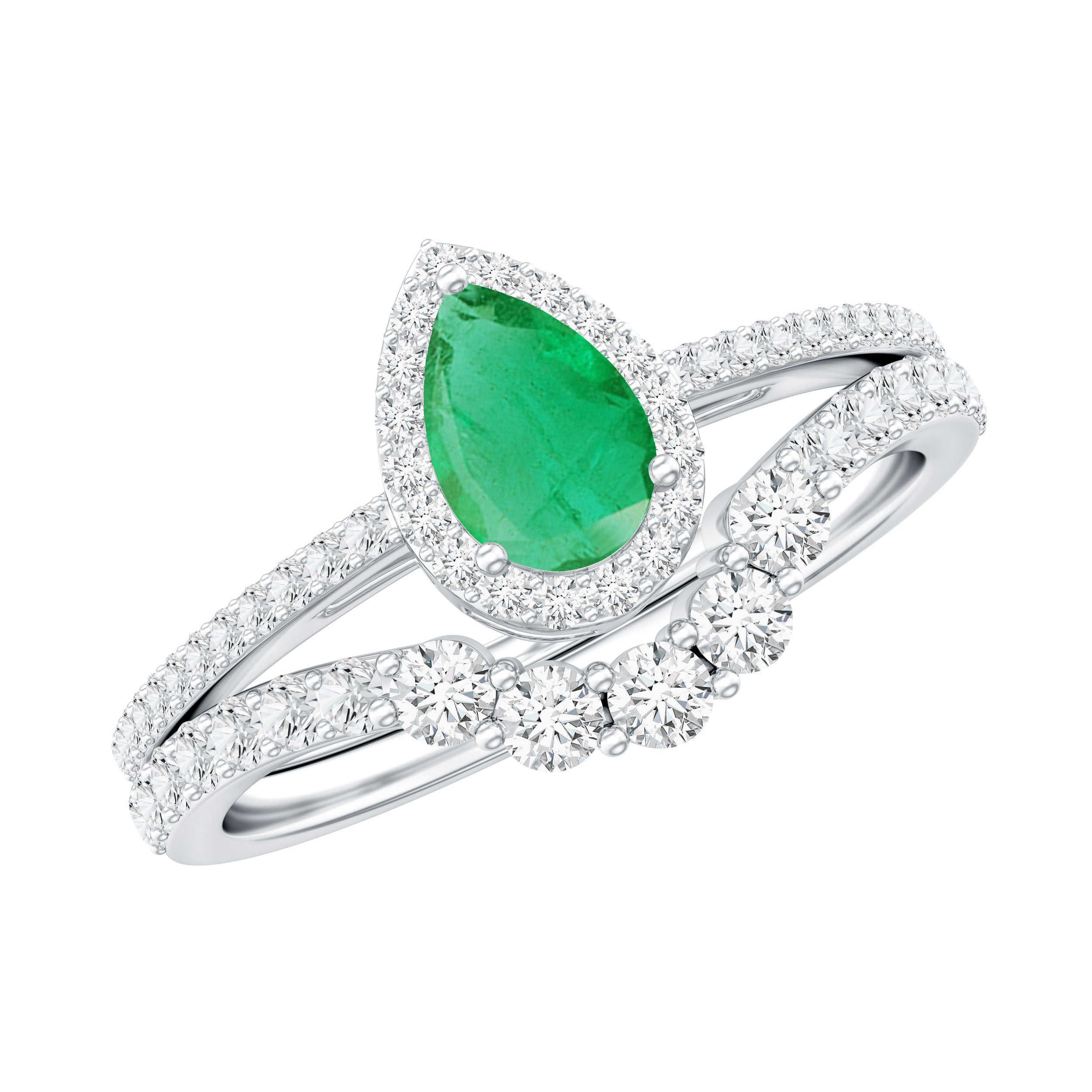 Rosec Jewels-Natural Emerald Diamond Pear Shaped Engagement Wedding Ring Set of 2