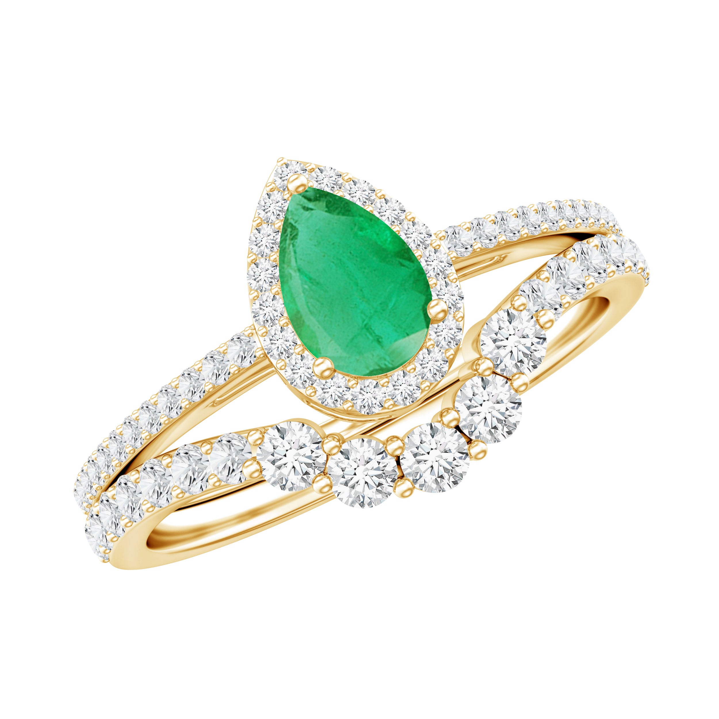Rosec Jewels-Natural Emerald Diamond Pear Shaped Engagement Wedding Ring Set of 2
