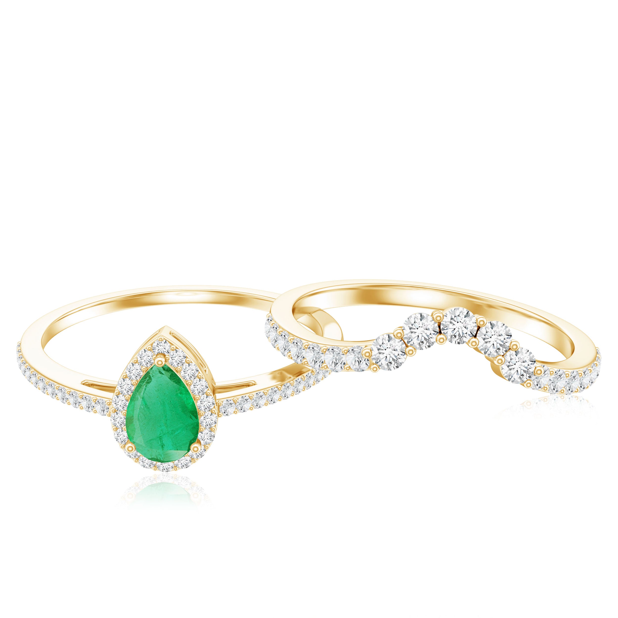 Rosec Jewels-Natural Emerald Diamond Pear Shaped Engagement Wedding Ring Set of 2