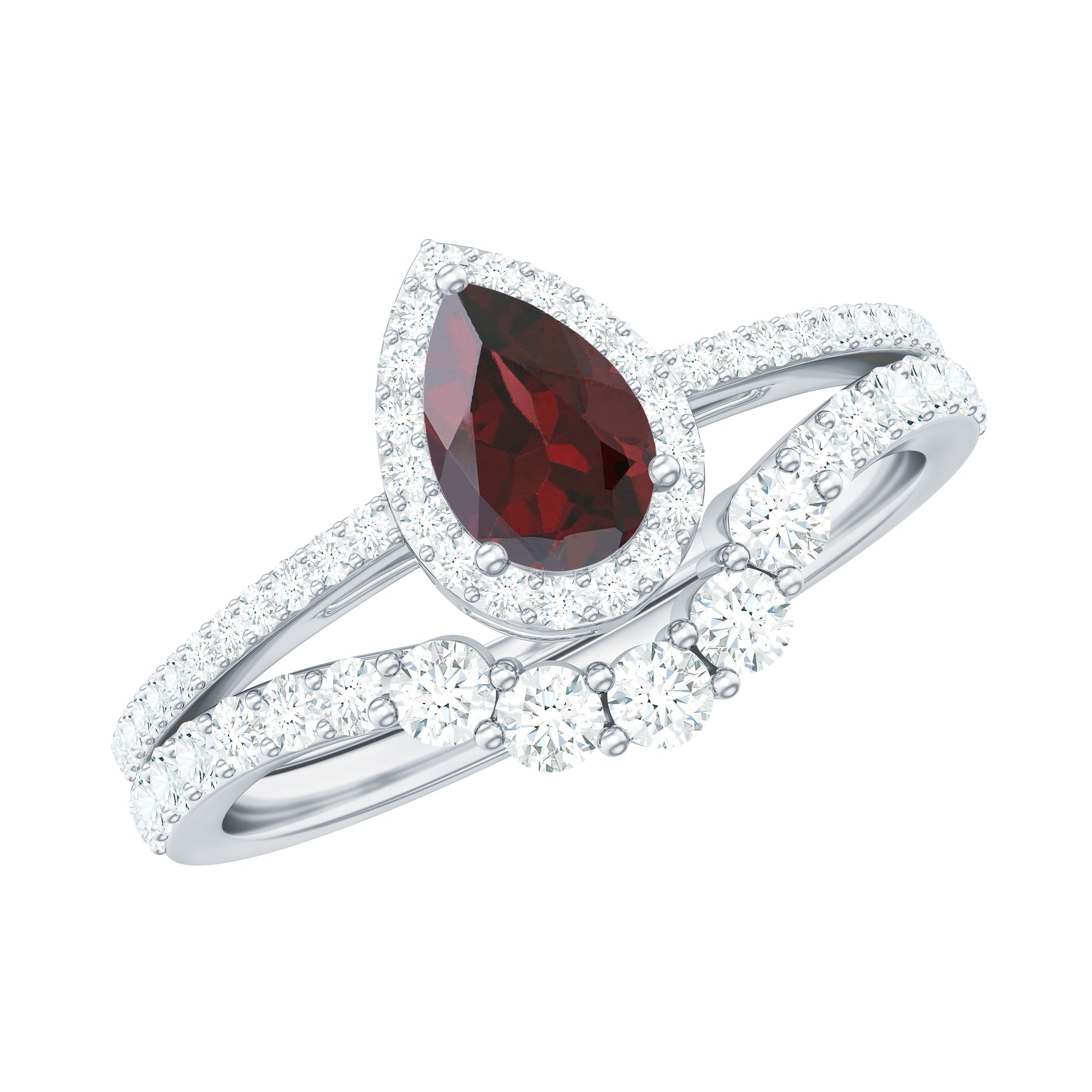 Natural 5X7mm Pear Shape Garnet Diamond Wedding Engagement Ring Set