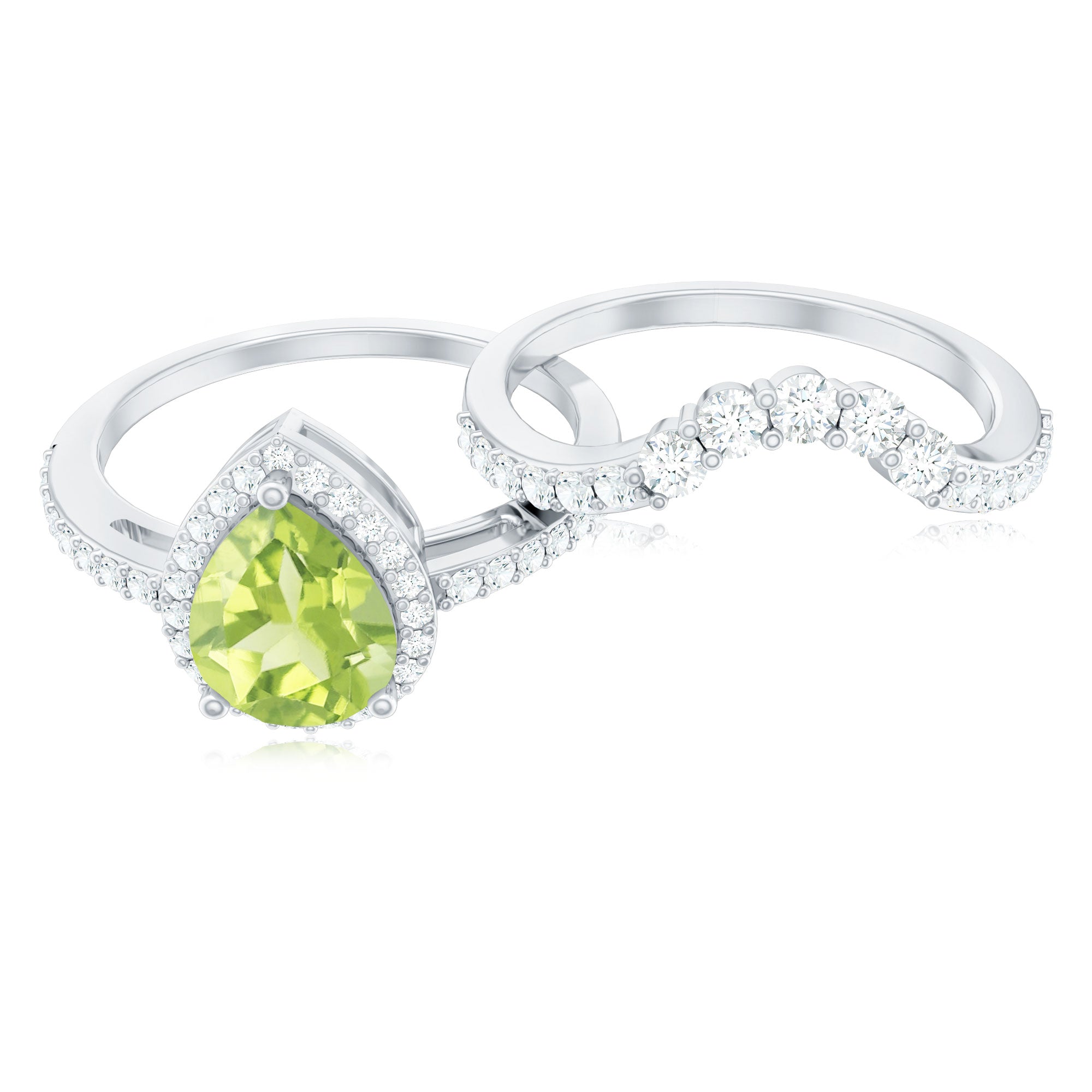 Real 1 Carat Peridot Pear Shaped Engagement Ring with Curved Enhancer AAA - Rosec Jewels