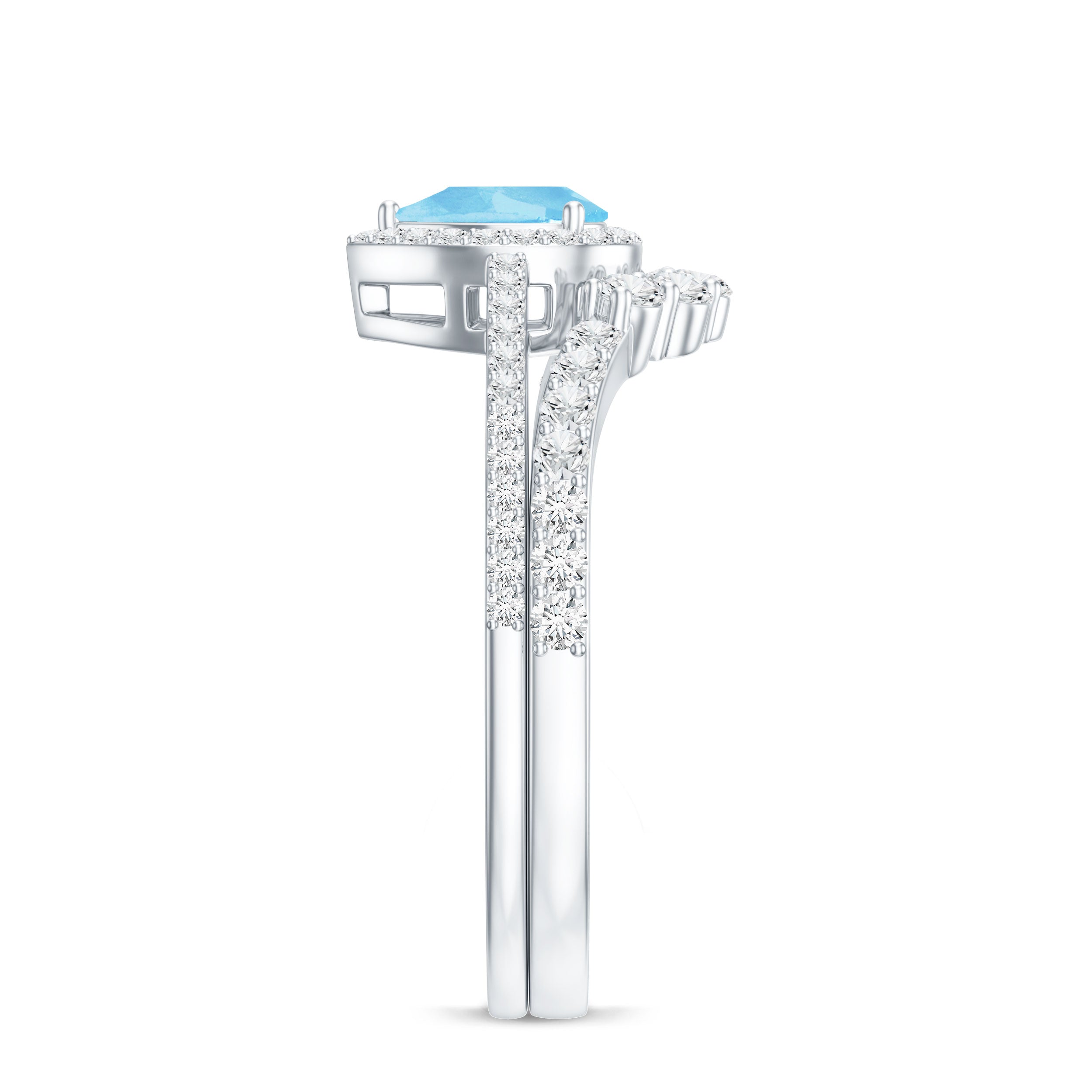 Rosec Jewels-Genuine Aquamarine Teardrop Bridal Ring Set with Diamond Halo