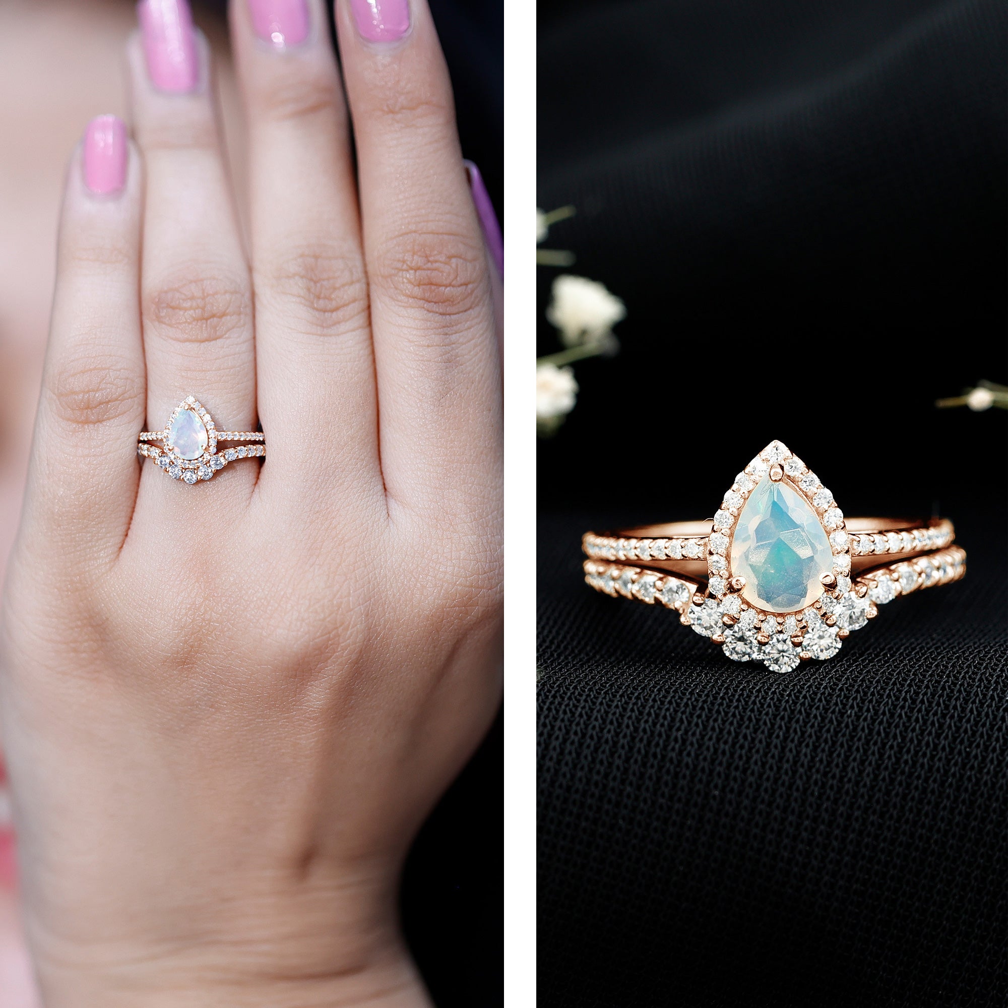 Certified Natural Ethiopian Opal Teardrop Wedding Engagement Ring Set of 2 AAA - Rosec Jewels