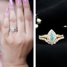 Certified Natural Ethiopian Opal Teardrop Wedding Engagement Ring Set of 2 AAA - Rosec Jewels