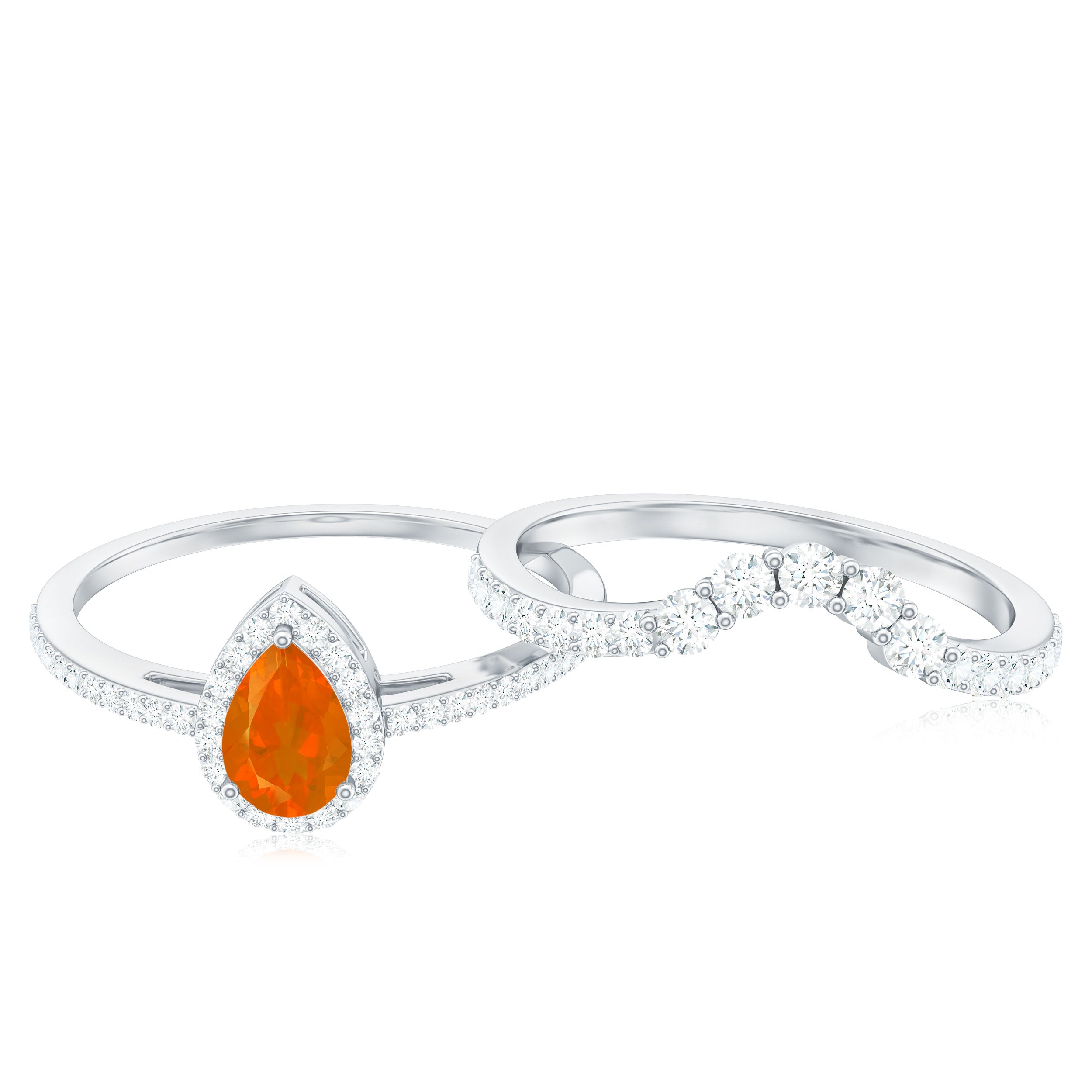 Fire Opal Designer Teardrop Ring Set with Moissanite Halo AAA - Rosec Jewels