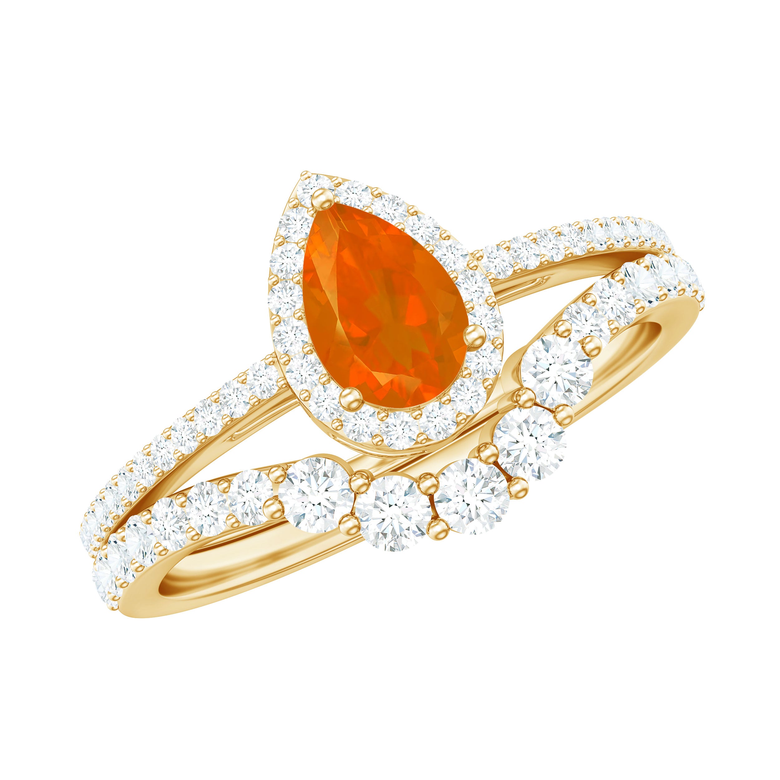 Fire Opal Designer Teardrop Ring Set with Moissanite Halo AAA - Rosec Jewels