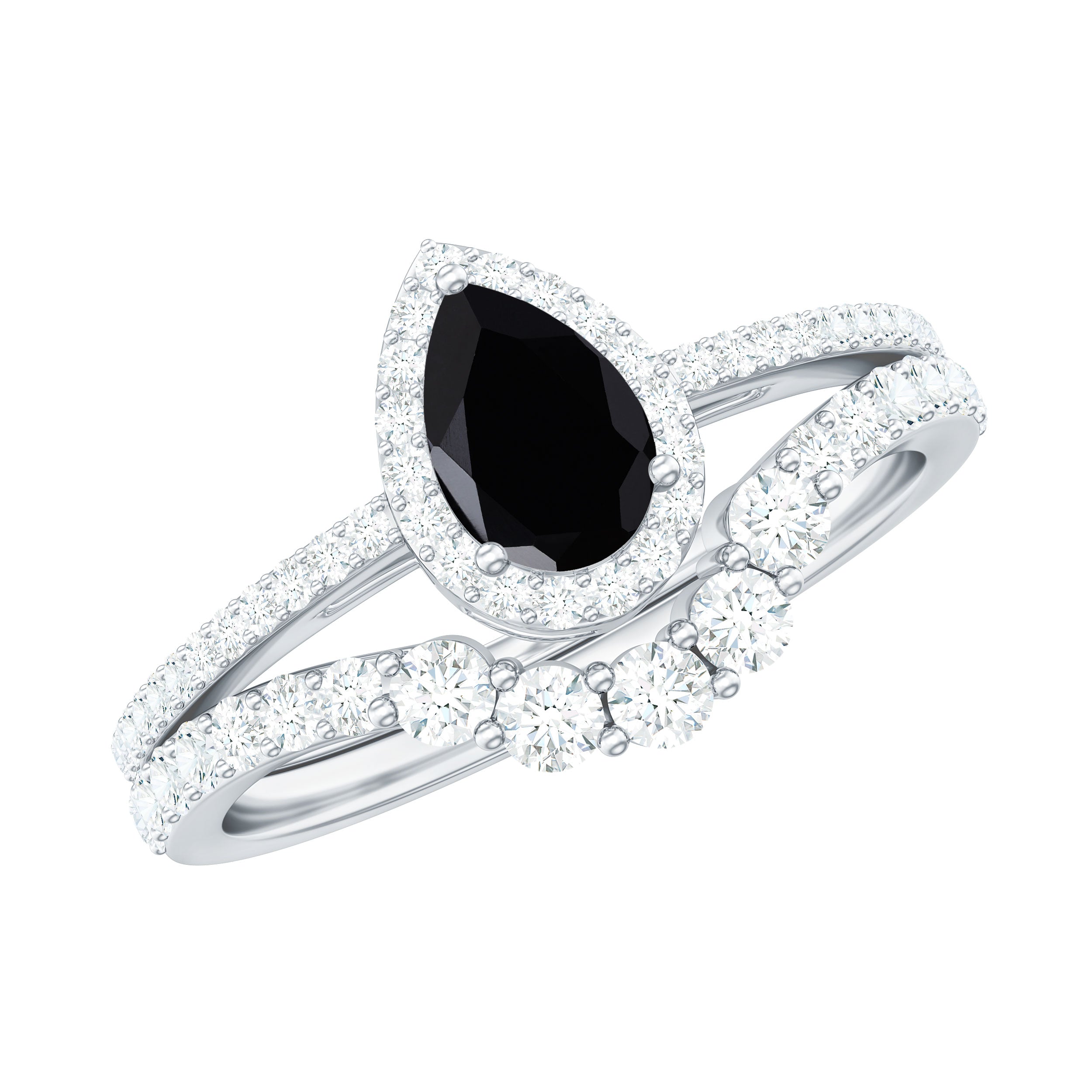 Rosec Jewels-Natural Black Spinel Pear Shaped Engagement Ring with Moissanite Enhancer