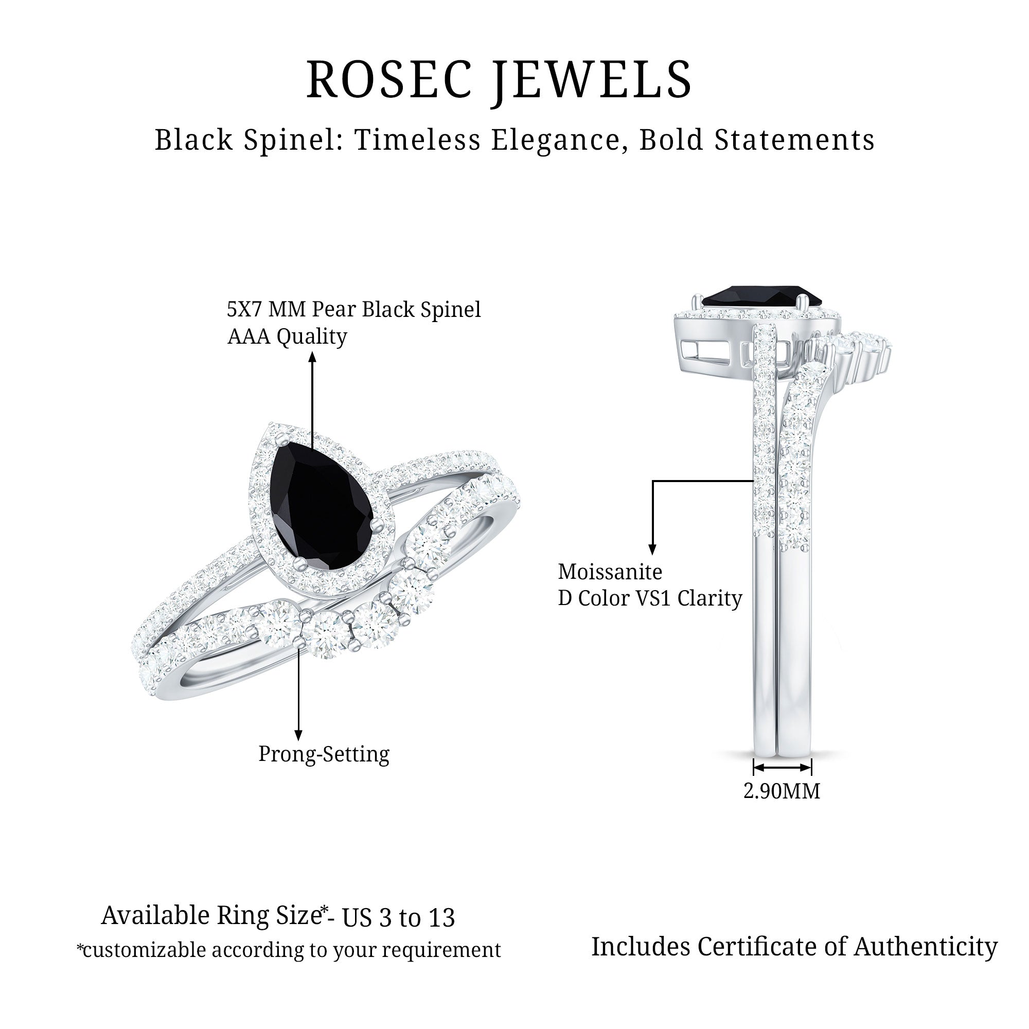 Rosec Jewels-Natural Black Spinel Pear Shaped Engagement Ring with Moissanite Enhancer
