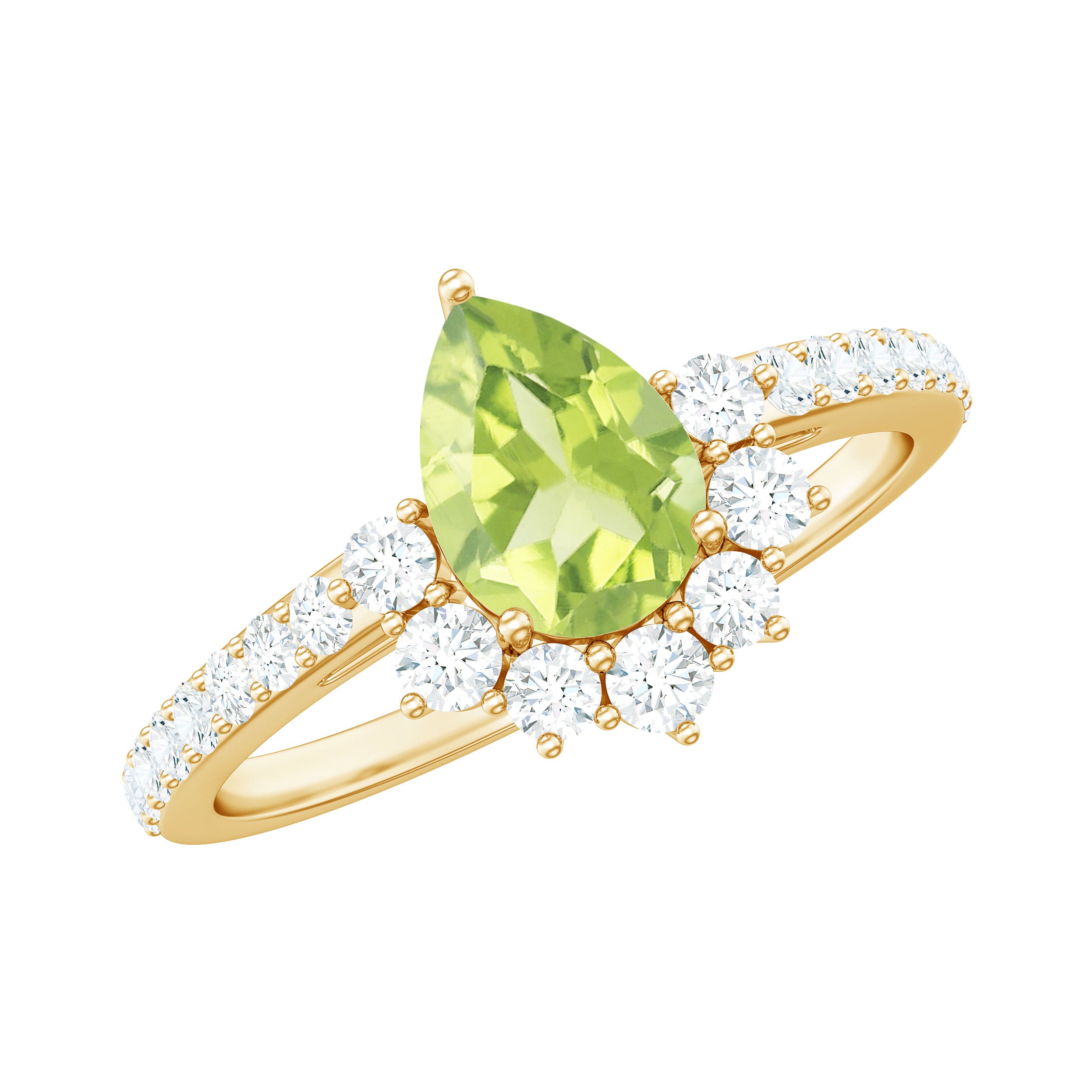 Natural 1 Carat Peridot Teardrop Engagement Ring with Diamond Half Halo AAA - Rosec Jewels