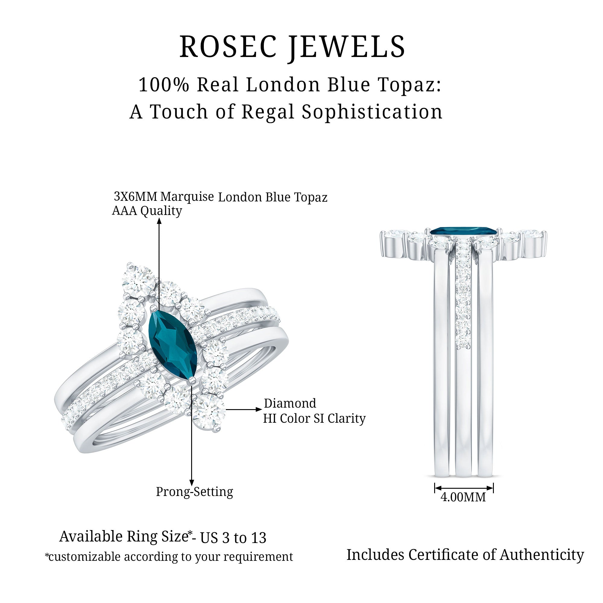 Rosec Jewels-Marquise London Blue Topaz Bridal Ring Set with 2 Diamond Ring Guards