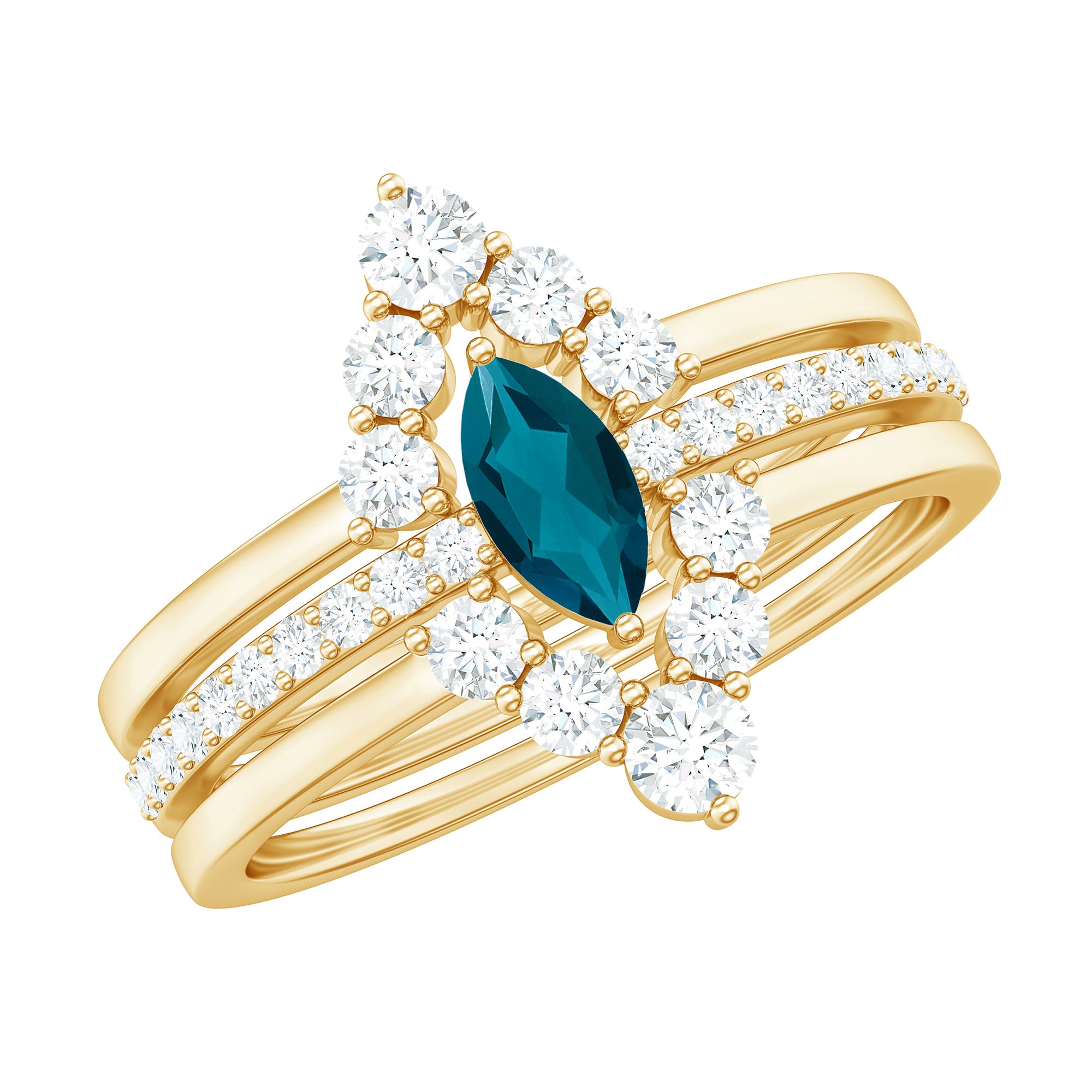Rosec Jewels-Marquise London Blue Topaz Bridal Ring Set with 2 Diamond Ring Guards