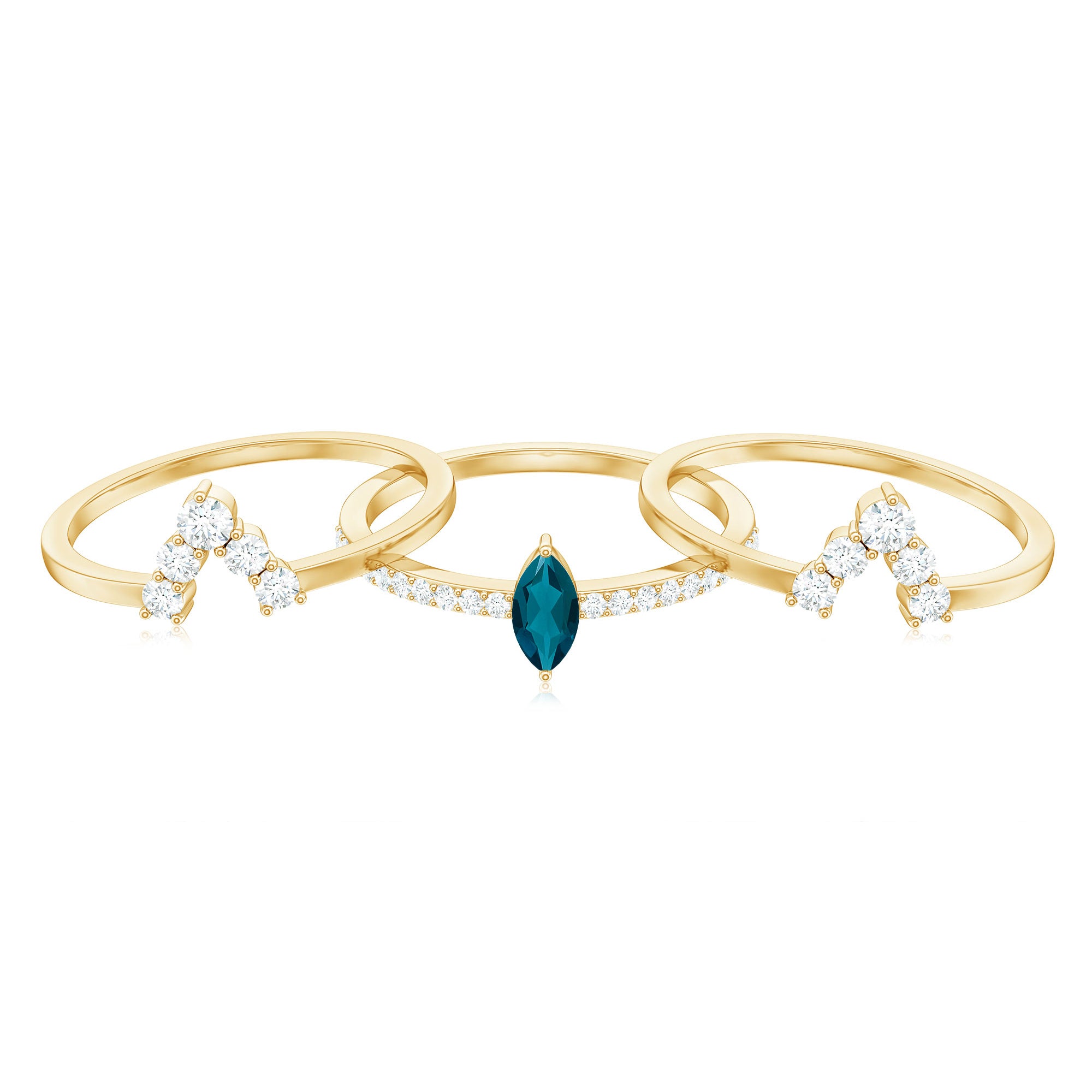 Rosec Jewels-Marquise London Blue Topaz Bridal Ring Set with 2 Diamond Ring Guards
