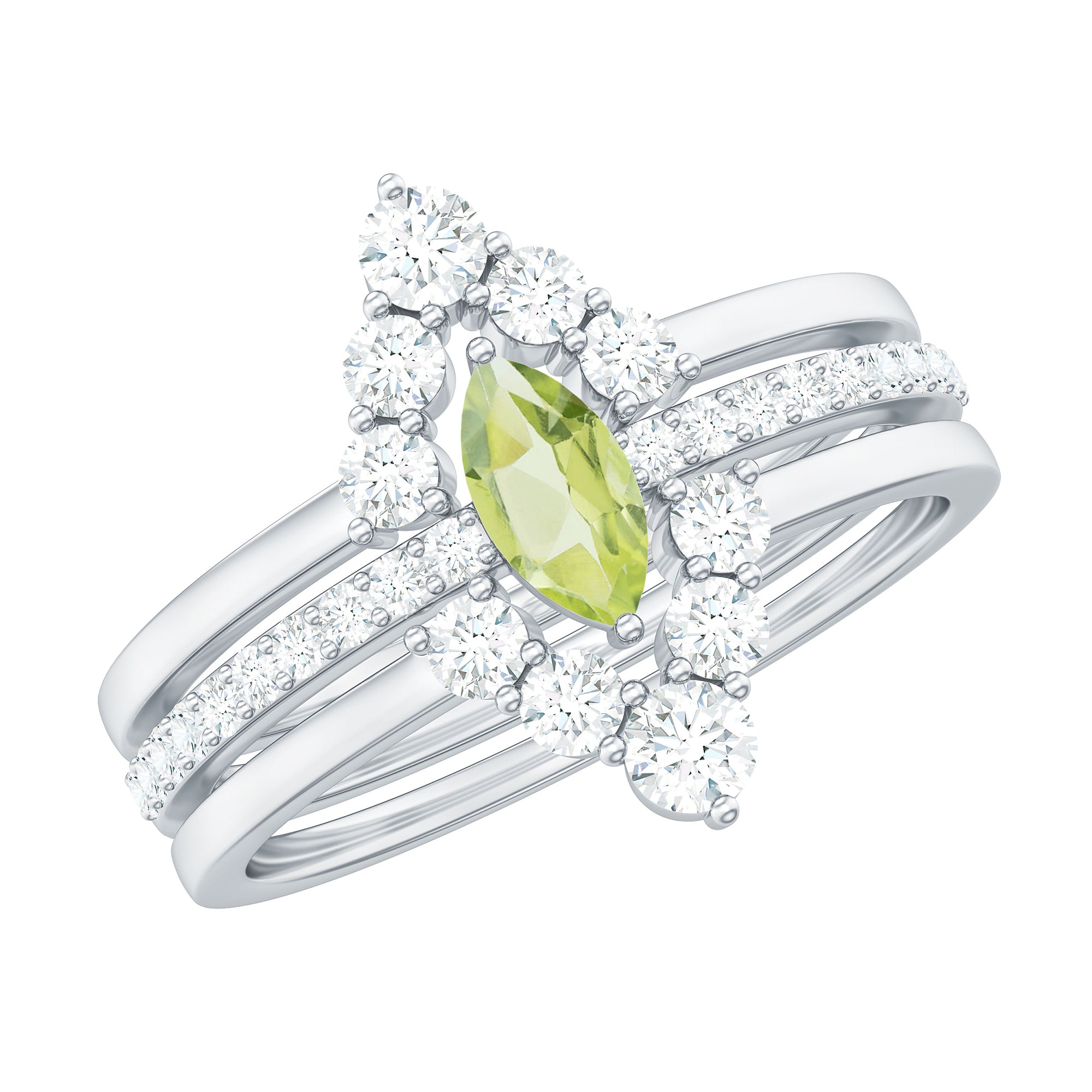 Marquise Cut Peridot Solitaire Trio Ring Set with Moissanite AAA - Rosec Jewels