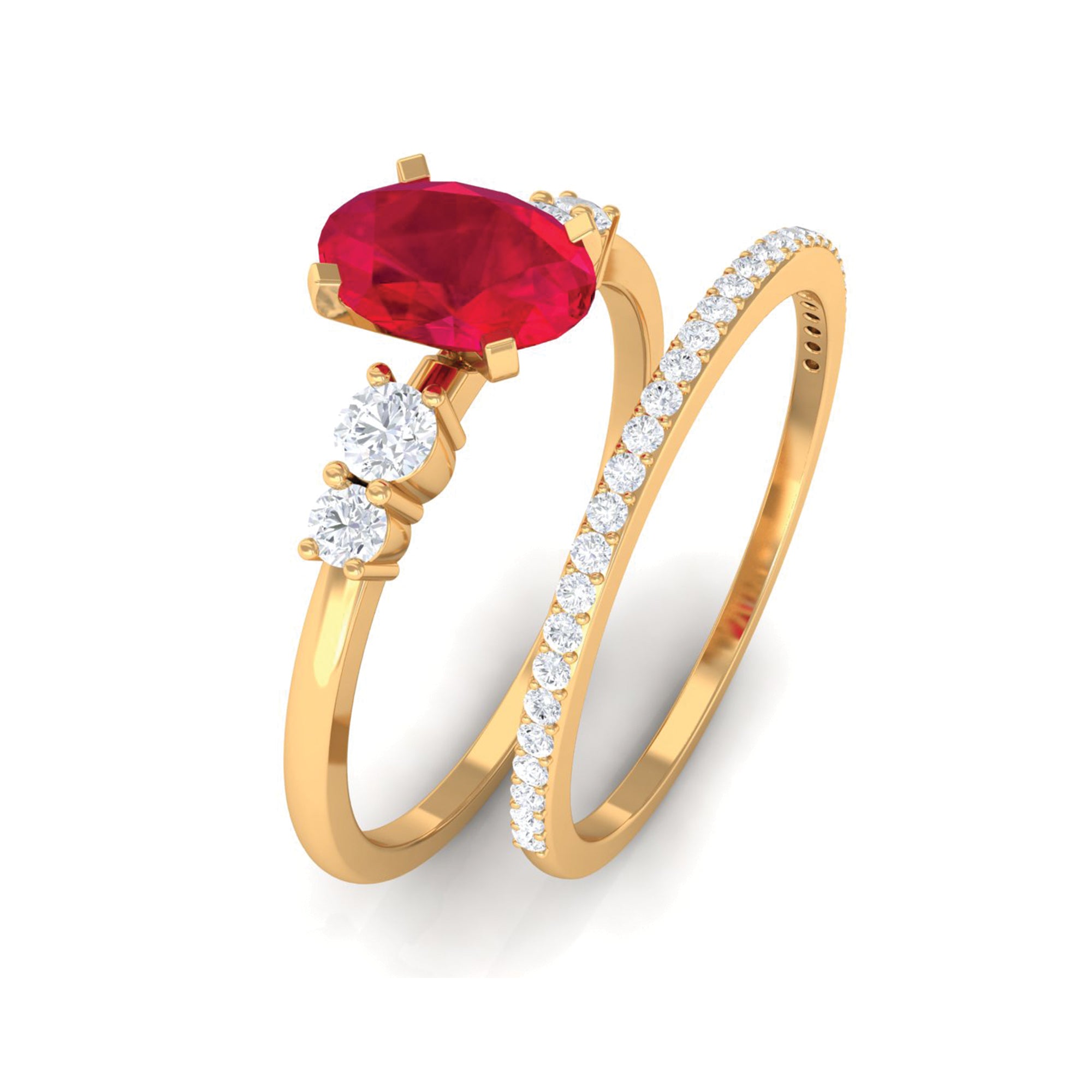 2 CT Oval Created Ruby Solitaire Ring Set with Diamond Lab Created Ruby - ( AAAA ) - Quality - Rosec Jewels