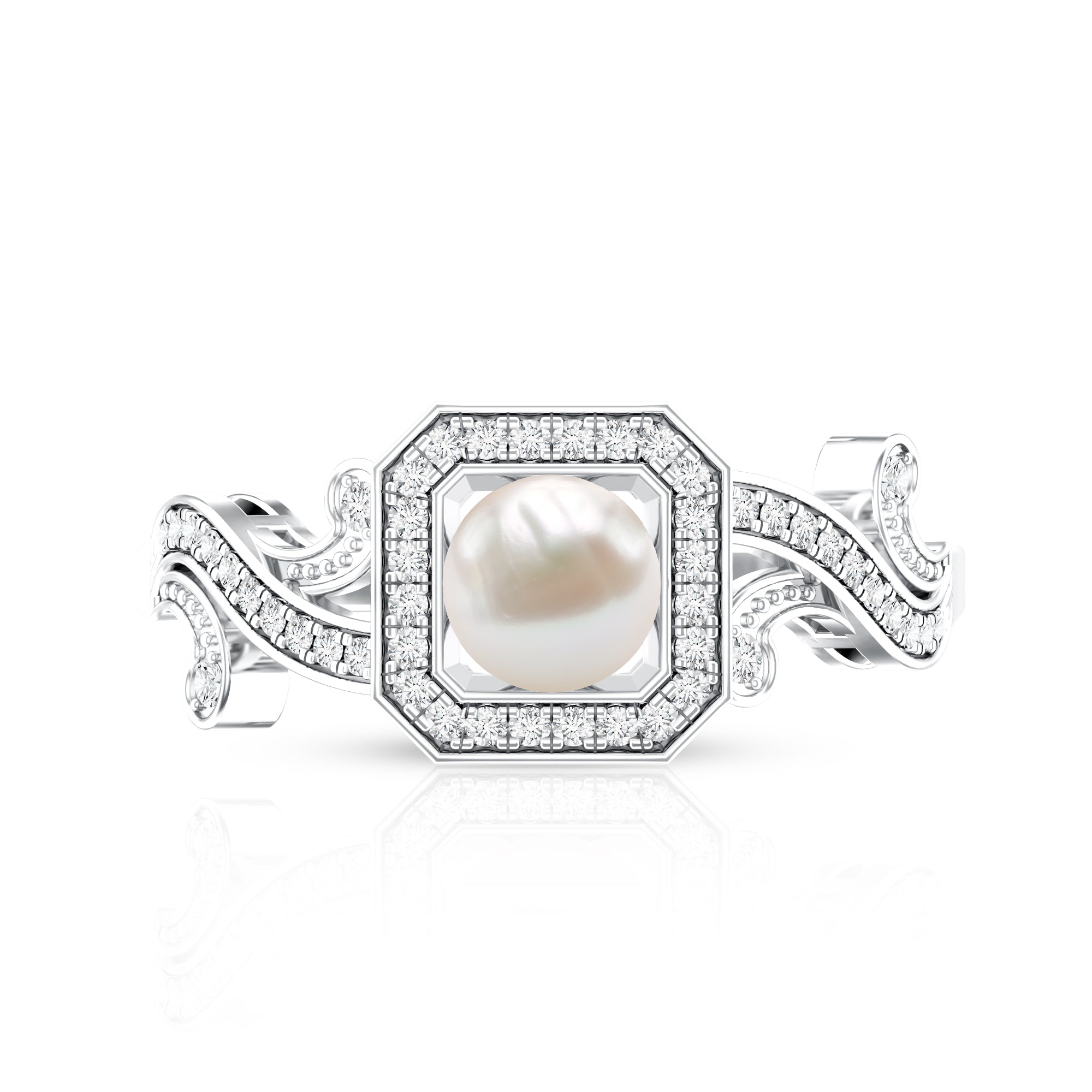 Rosec Jewels-Vintage Inspired 2 Carat Pearl Engagement Ring with Diamond Halo