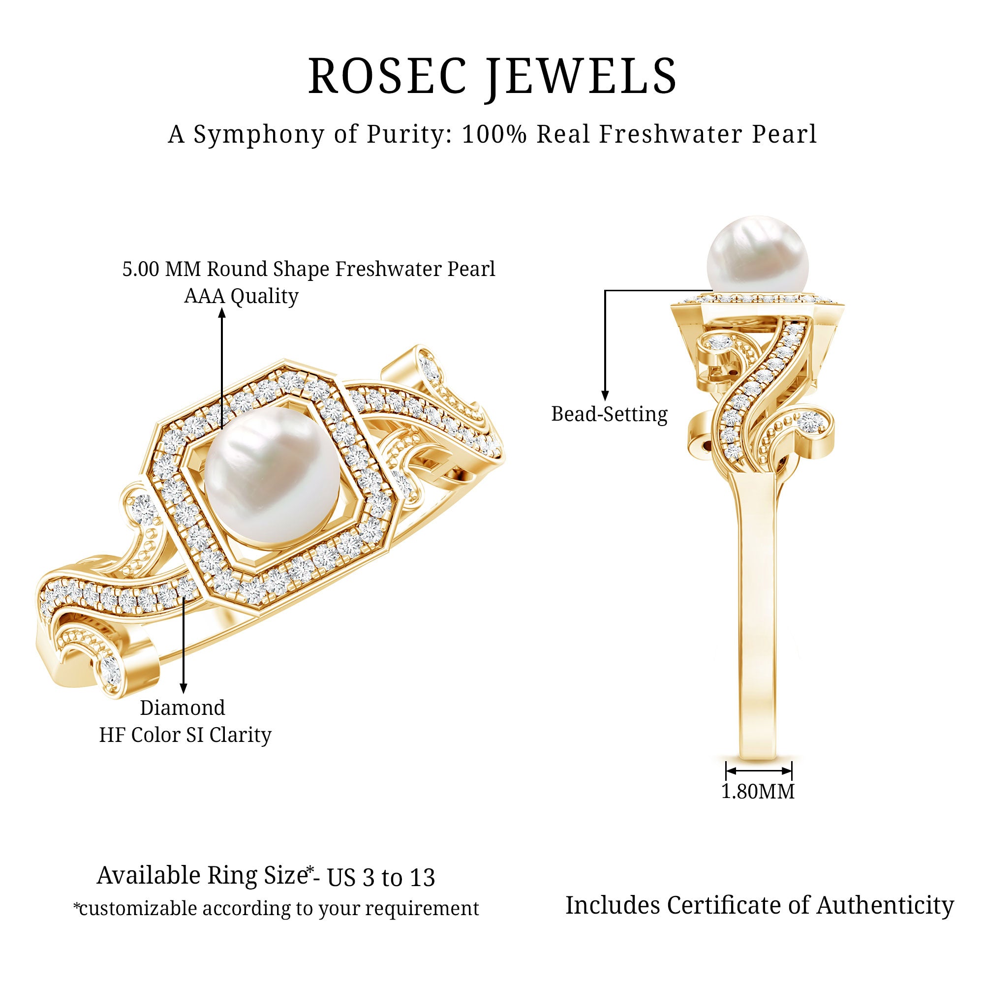 Rosec Jewels-Vintage Inspired 2 Carat Pearl Engagement Ring with Diamond Halo