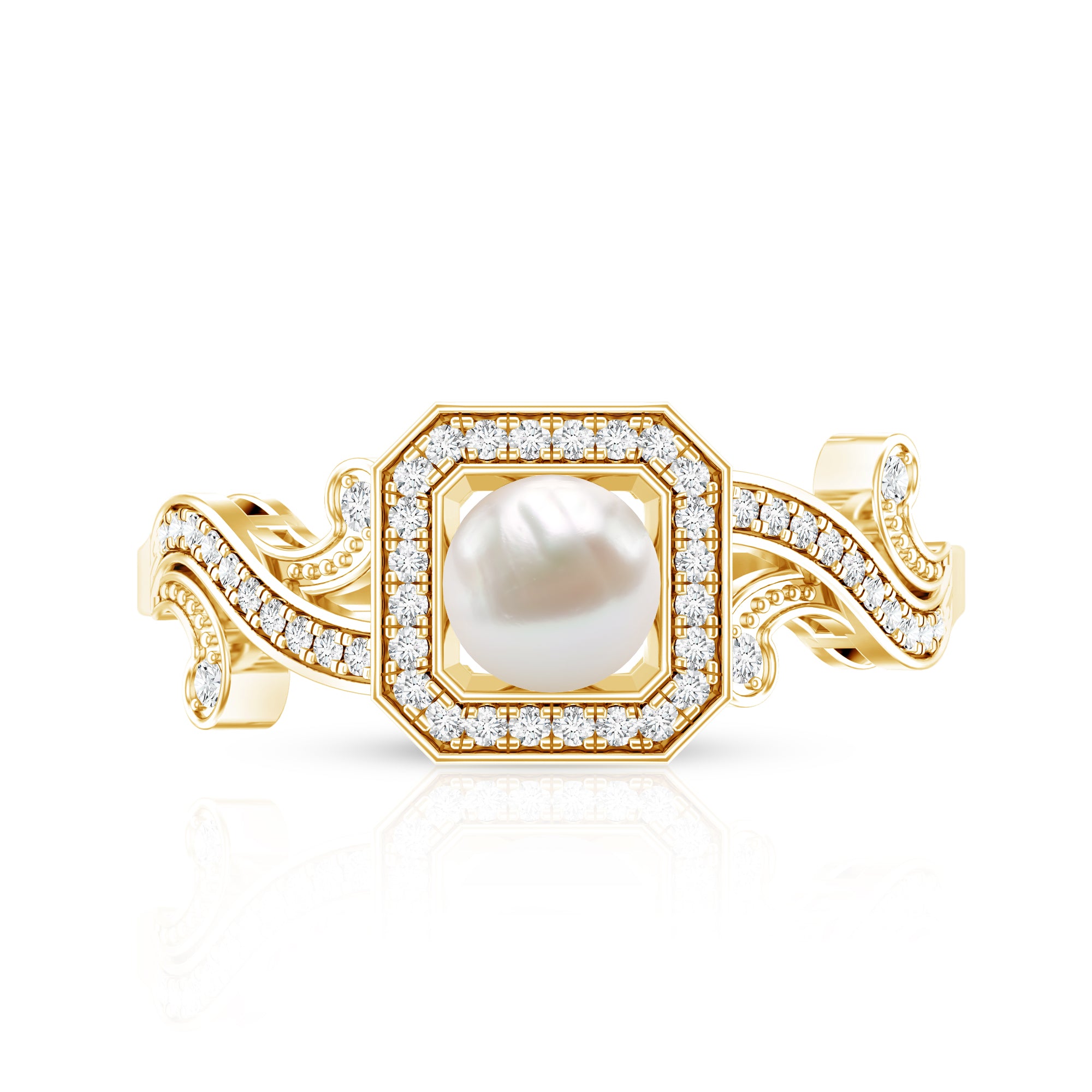 Rosec Jewels-Vintage Inspired 2 Carat Pearl Engagement Ring with Diamond Halo
