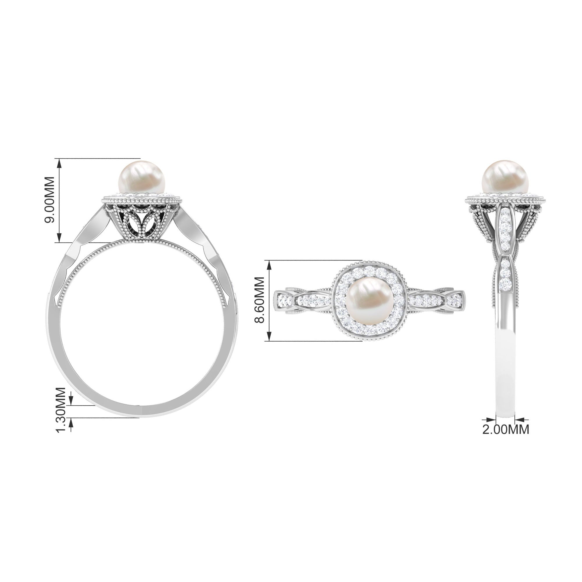 2.25 CT Freshwater Pearl and Diamond Engagement Ring AAA - Rosec Jewels