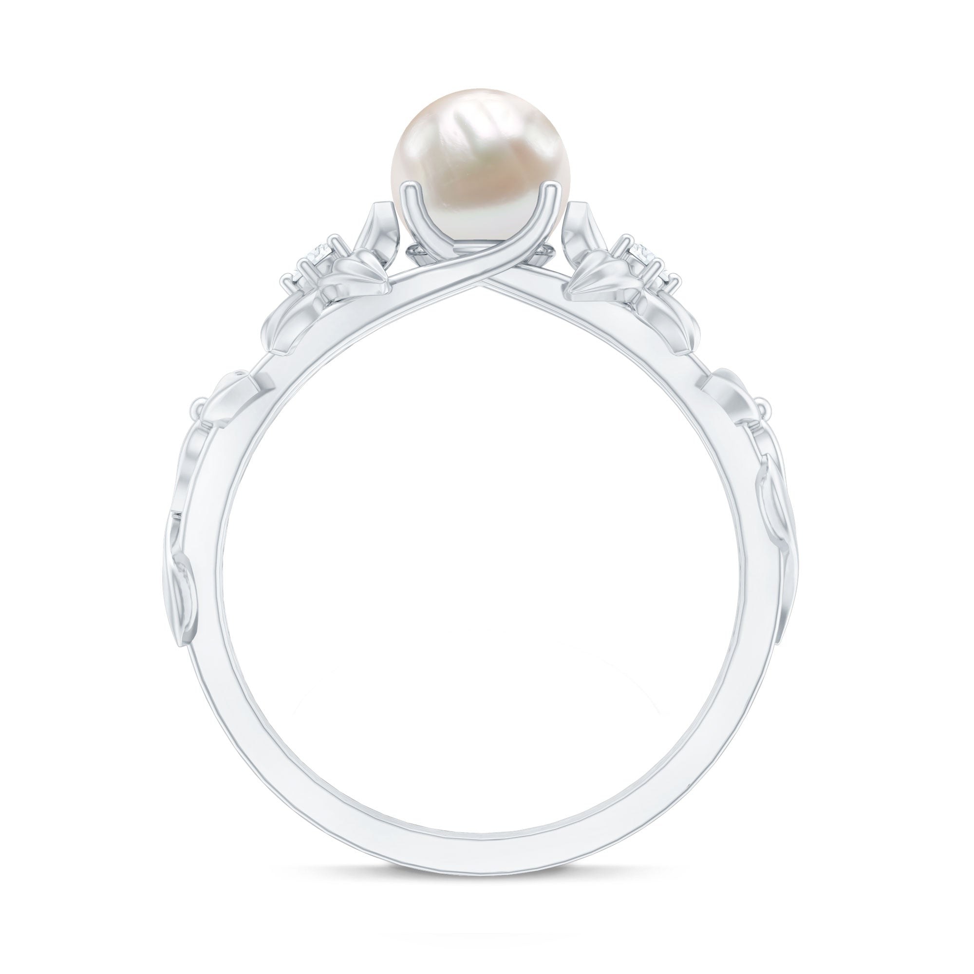 Cultured 2 Carat White Pearl Flower Engagement Ring with Diamonds AAA - Rosec Jewels