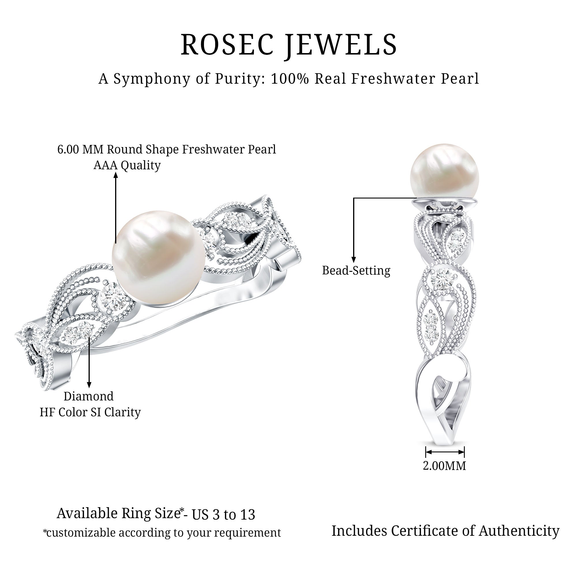 2 Carat Freshwater Pearl Vintage Looking Engagement Ring with Diamond AAA - Rosec Jewels