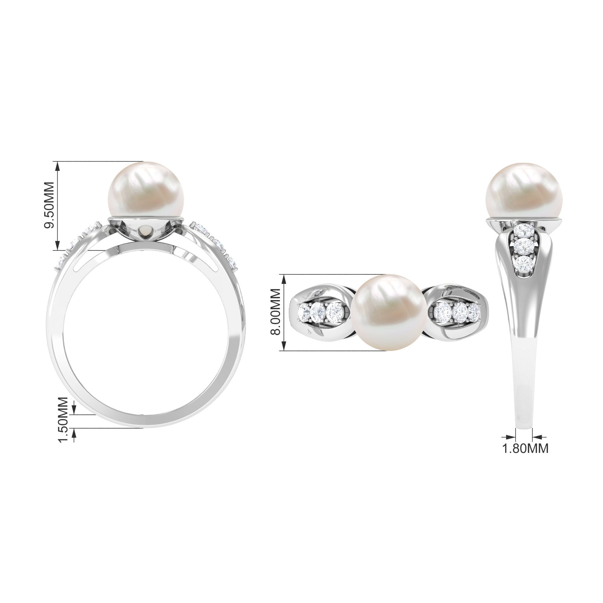 Bead Set Freshwater Pearl Solitaire Ring with Diamond Side Stones AAA - Rosec Jewels