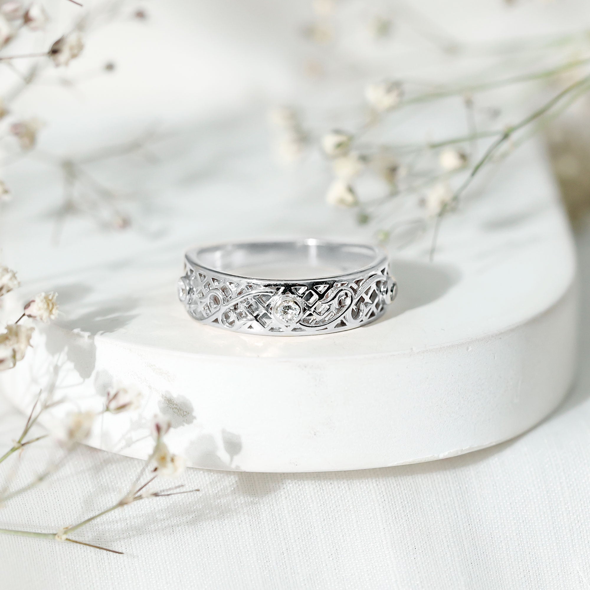 Rosec Jewels-Bezel Set Round Diamond Filigree Ring
