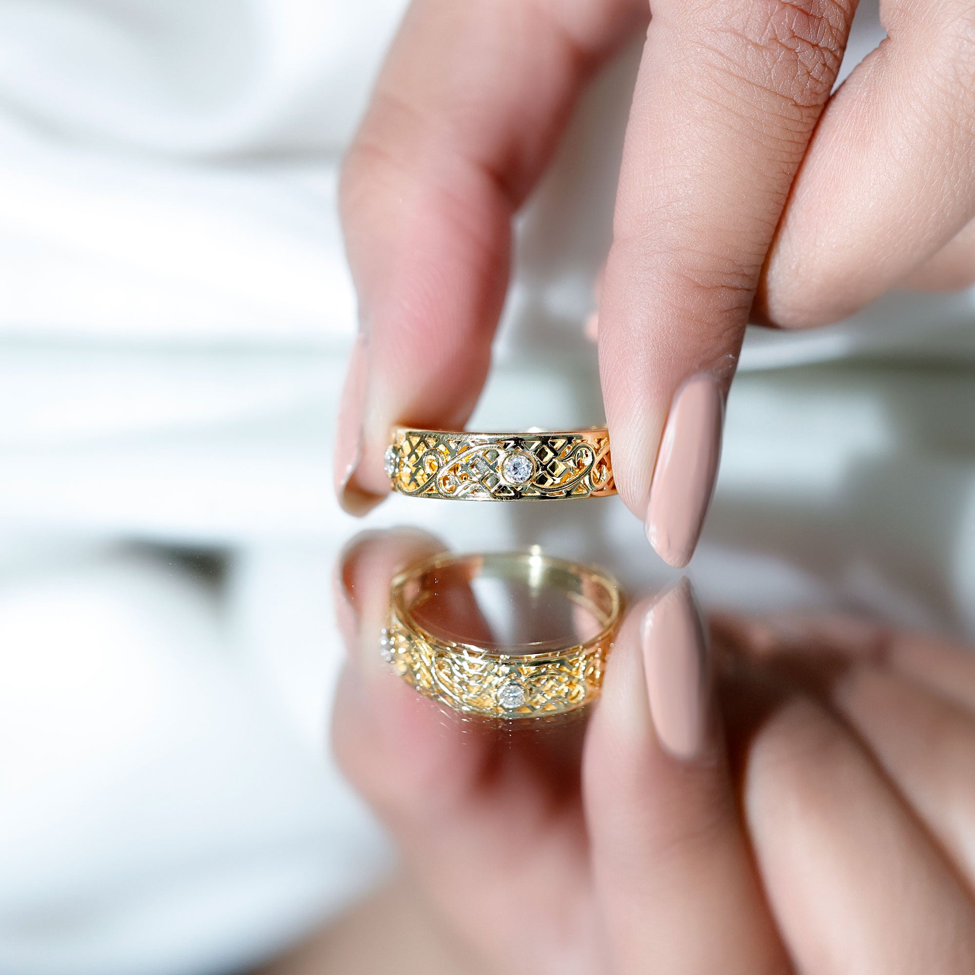 Rosec Jewels-Bezel Set Round Diamond Filigree Ring
