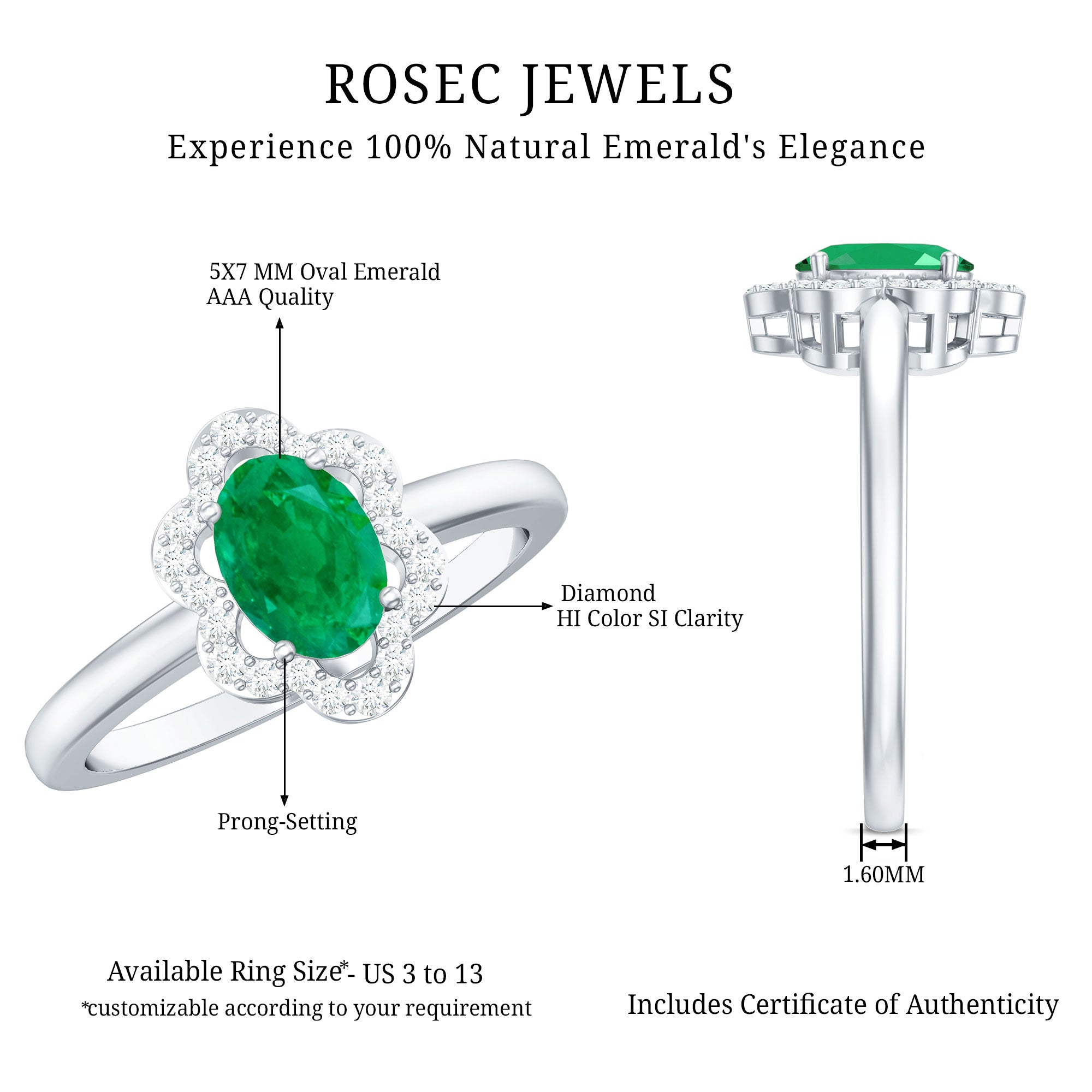 Rosec Jewels-Natural 5X7mm Oval Emerald Engagement Ring with Diamond