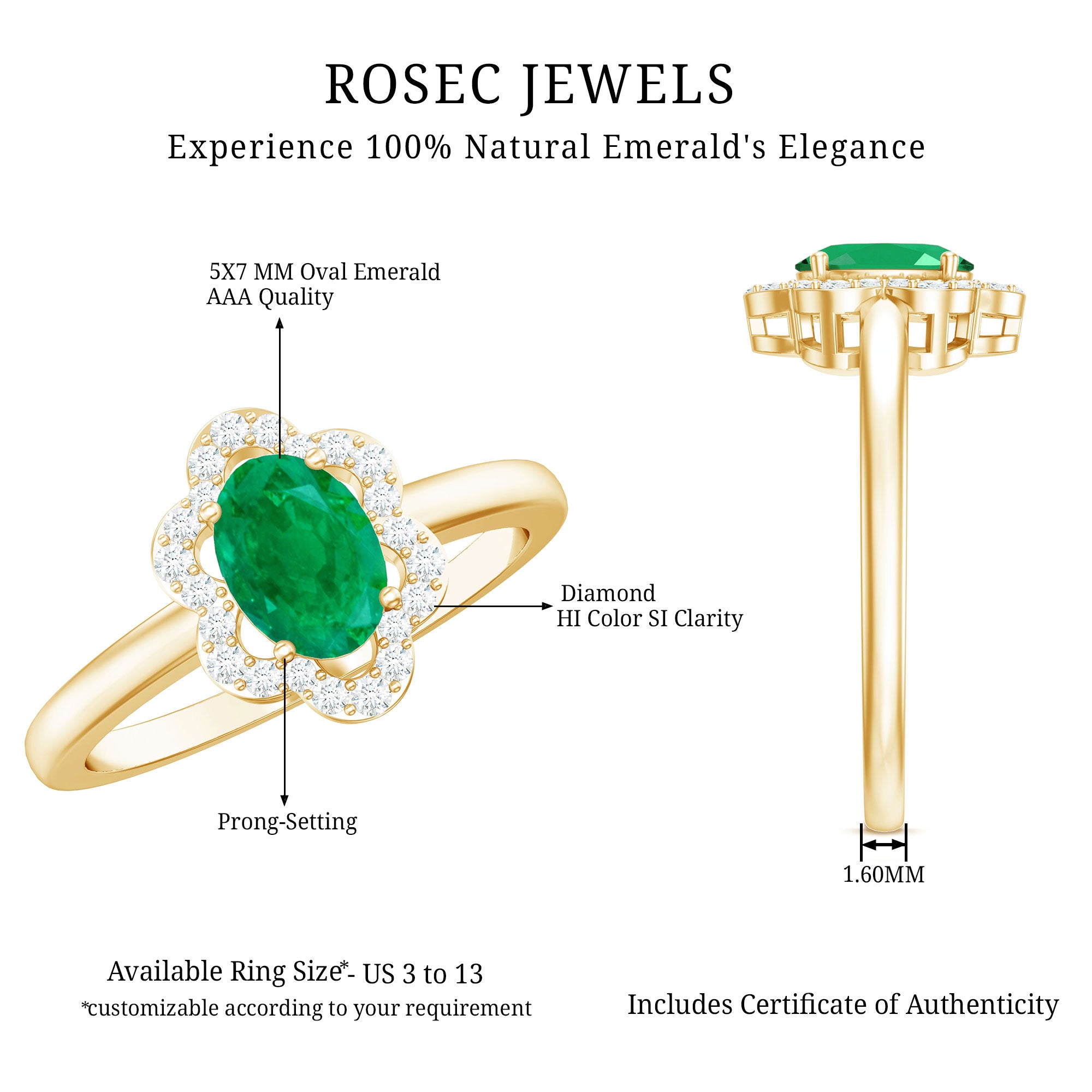 Rosec Jewels-Natural 5X7mm Oval Emerald Engagement Ring with Diamond