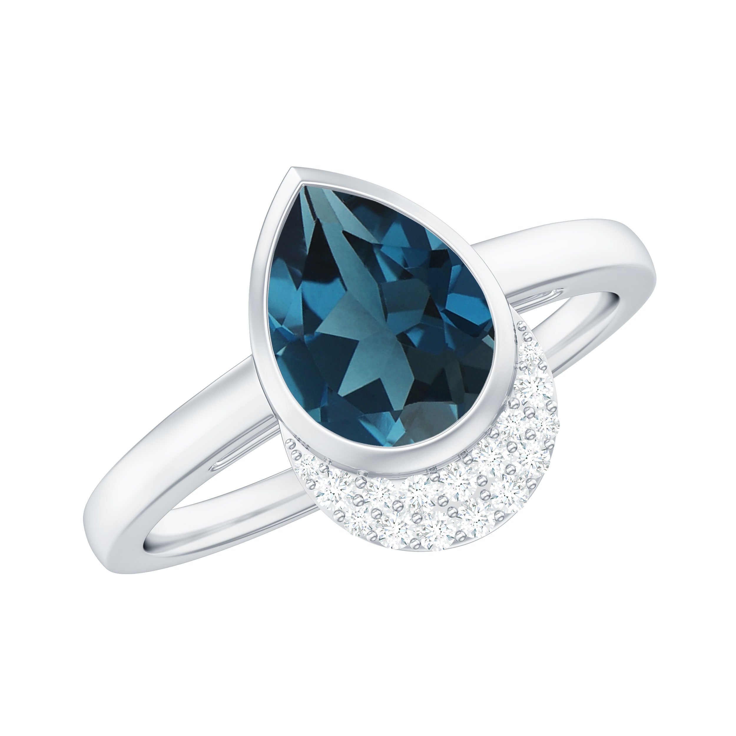 Rosec Jewels-Genuine London Blue Topaz Diamond Engagement Ring in Bezel Setting