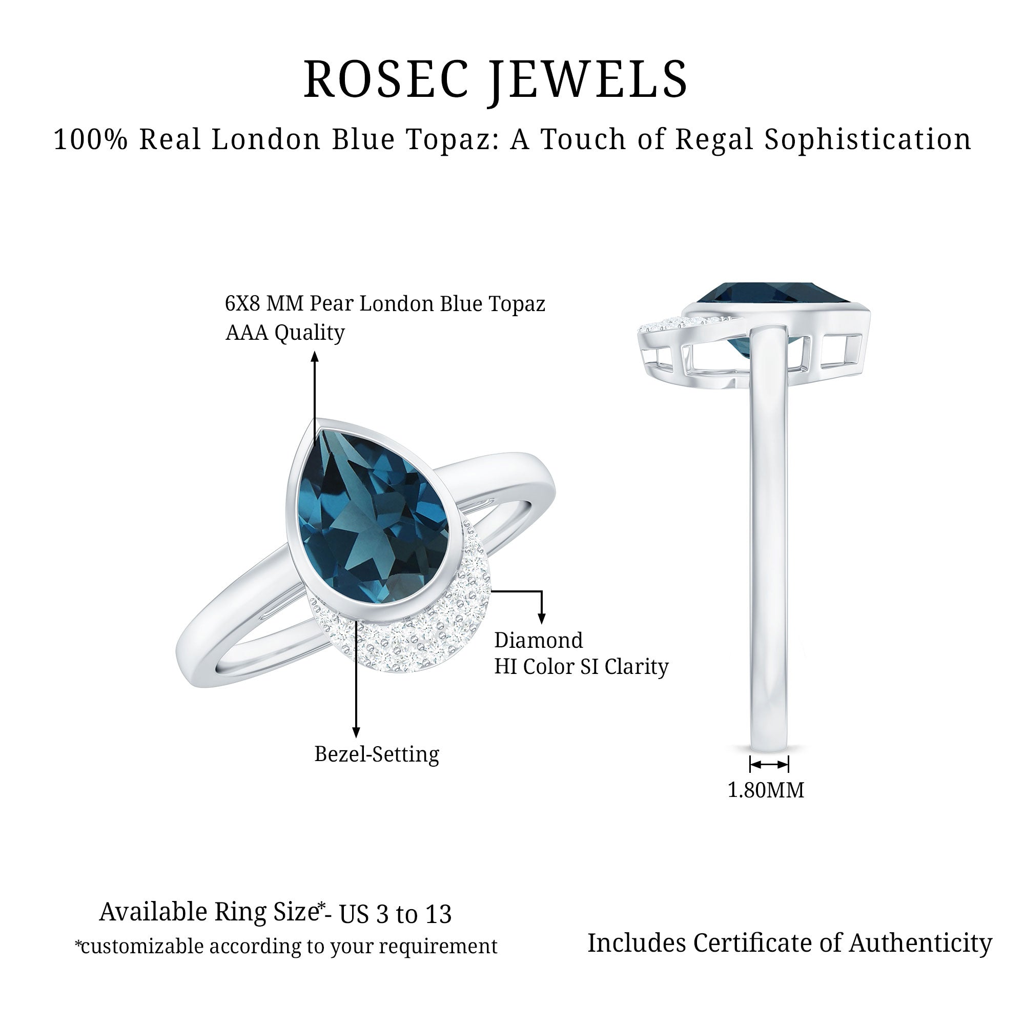 Rosec Jewels-Genuine London Blue Topaz Diamond Engagement Ring in Bezel Setting