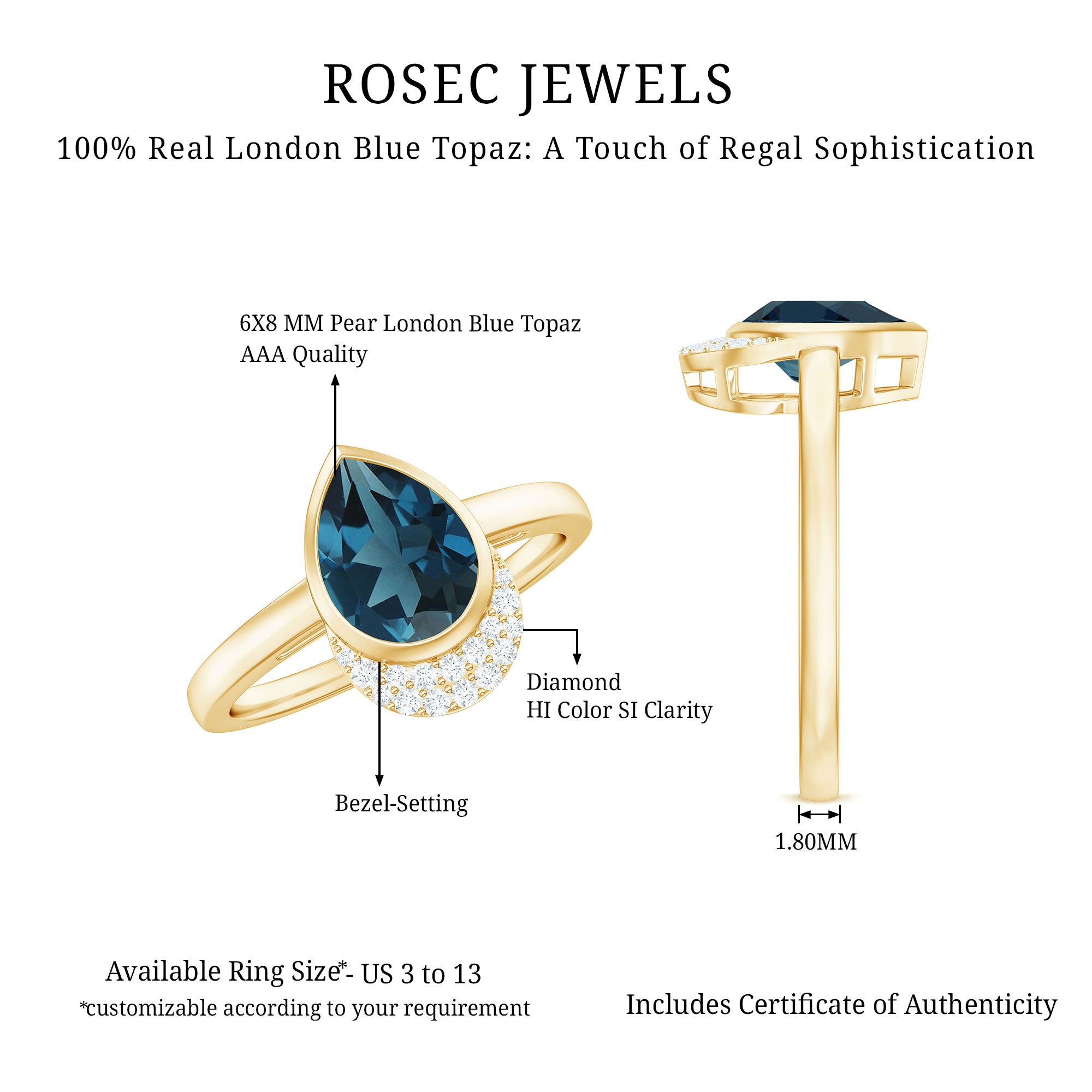 Rosec Jewels-Genuine London Blue Topaz Diamond Engagement Ring in Bezel Setting