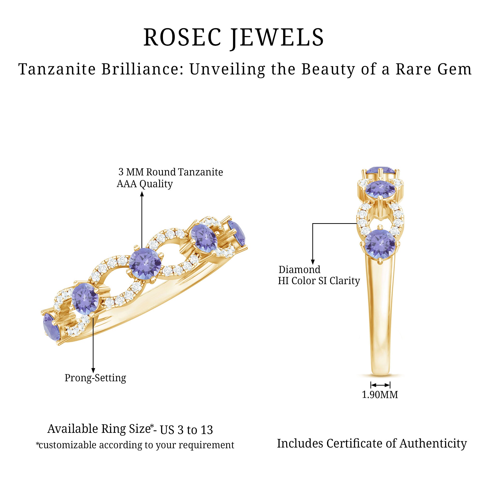 Rosec Jewels-Real Tanzanite Diamond Half Eternity Ring for Women