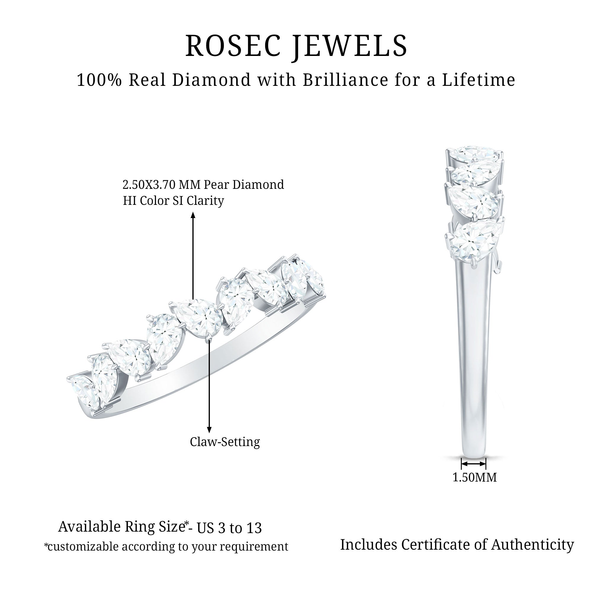 Rosec Jewels-Natural Pear Shape Diamond Half Eternity Ring for Women