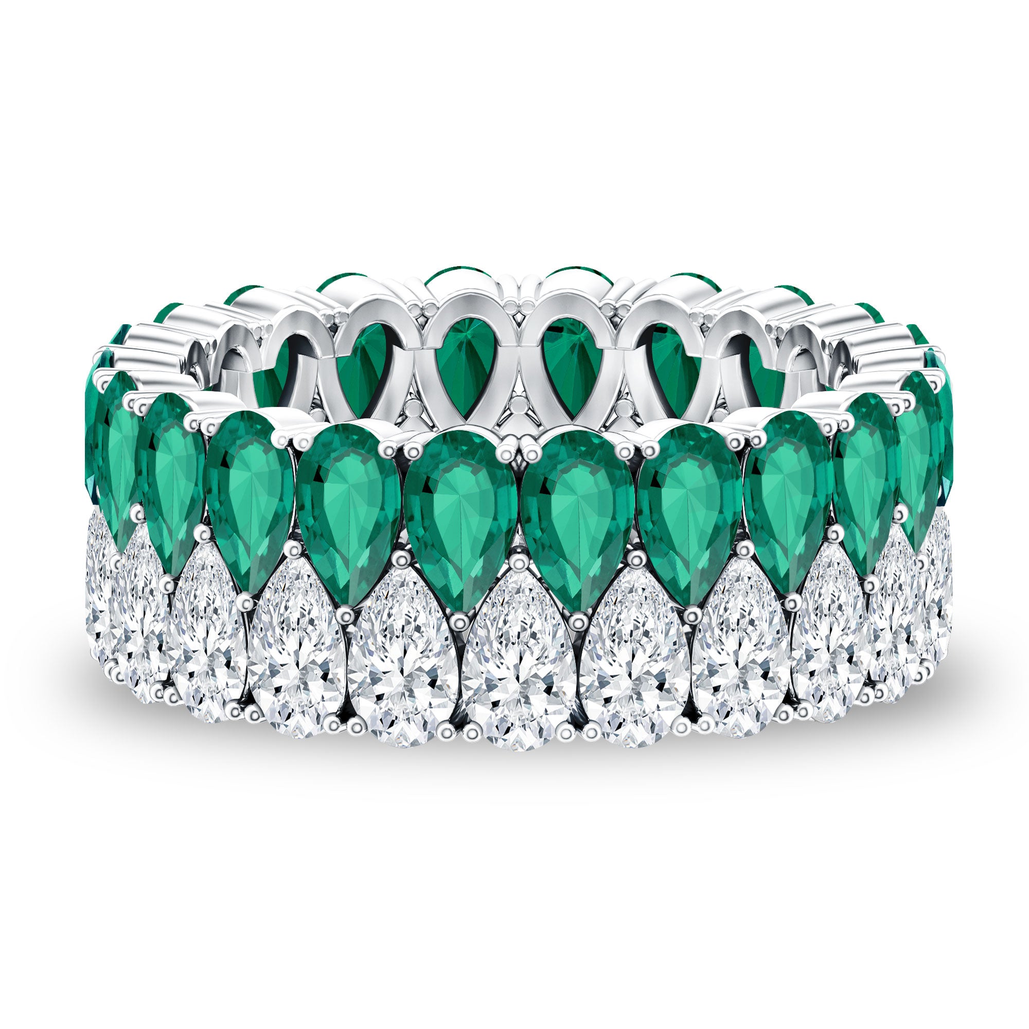 Pear Shape Lab Grown Emerald and Diamond Statement Wedding Band AAAA - Rosec Jewels