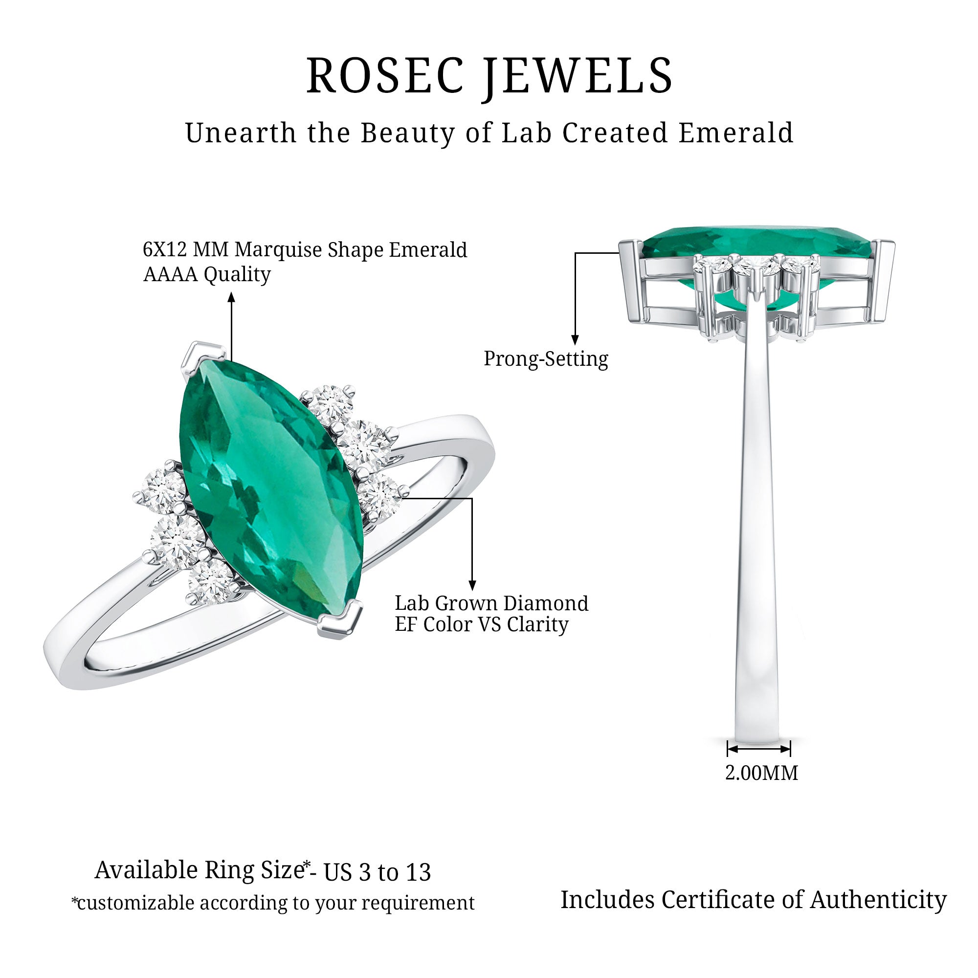 2.5 Carat Lab Grown Emerald and Diamond Marquise Engagement Ring AAAA - Rosec Jewels