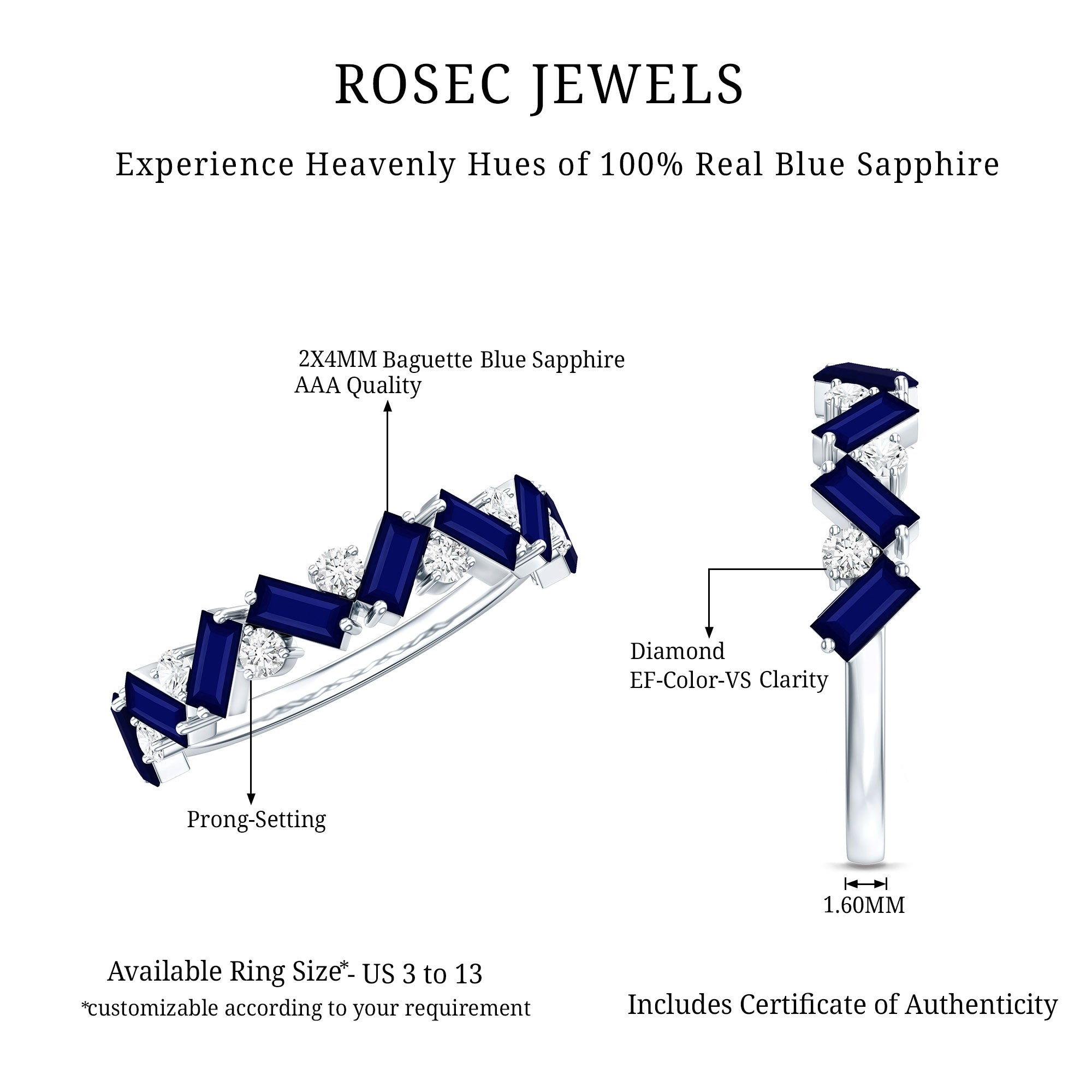Certified Real Baguette Blue Sapphire Half Eternity Ring with Diamond AAA - Rosec Jewels
