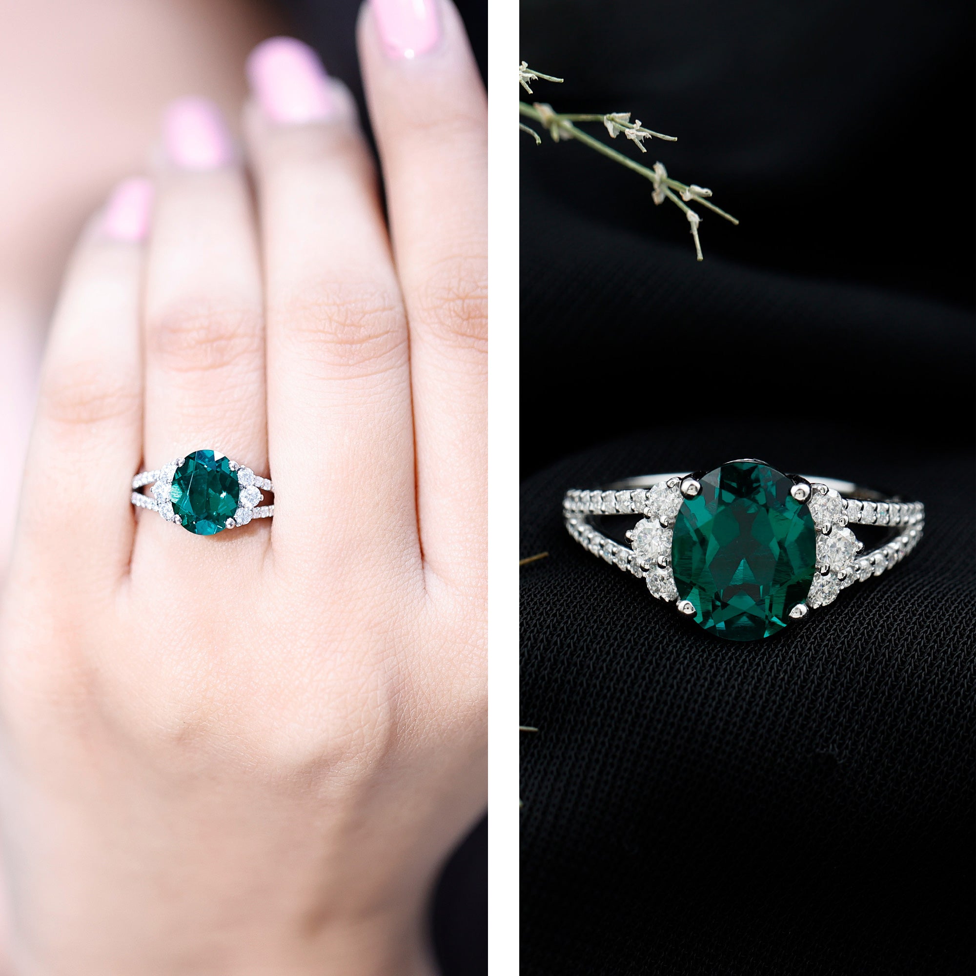 Certified 3 Carat Oval Lab Grown Emerald Split Shank Engagement Ring AAAA - Rosec Jewels