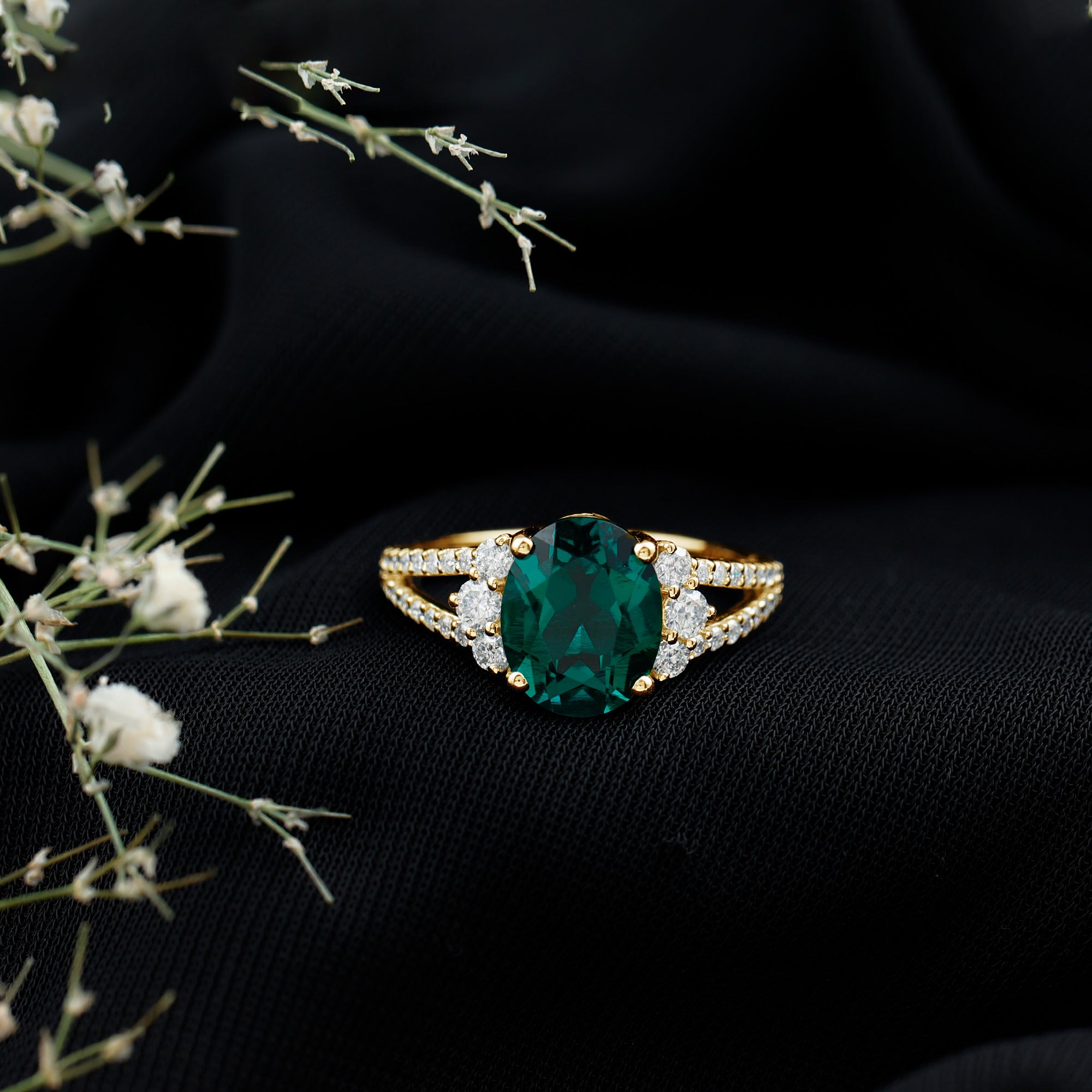 Certified 3 Carat Oval Lab Grown Emerald Split Shank Engagement Ring AAAA - Rosec Jewels