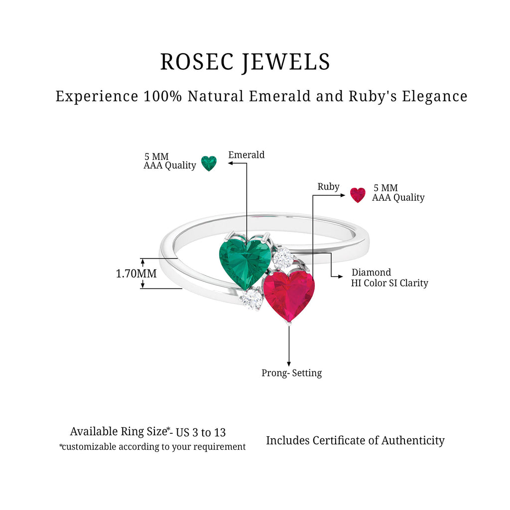 Heart Shaped Toi Et Moi Ring with Ruby and Emerald Emerald - ( AAA ) - Quality - Rosec Jewels